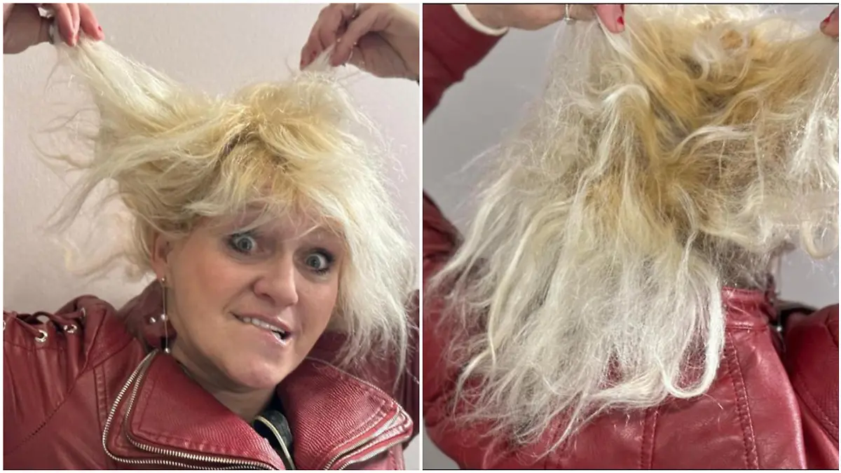 Sabrina Lange zeigt das Ergebnis ihrer DIY-Blondierung.