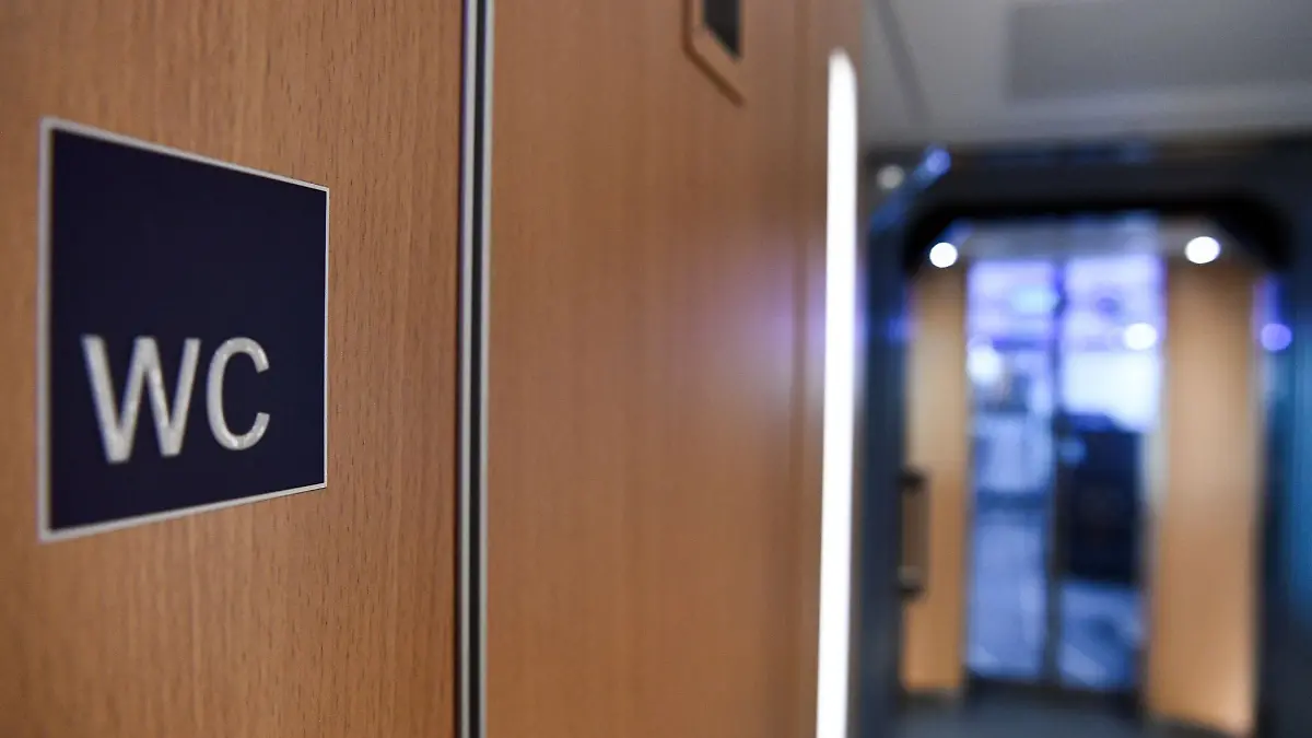 Das Schild \WC\ steht auf einer Tür im Zug.