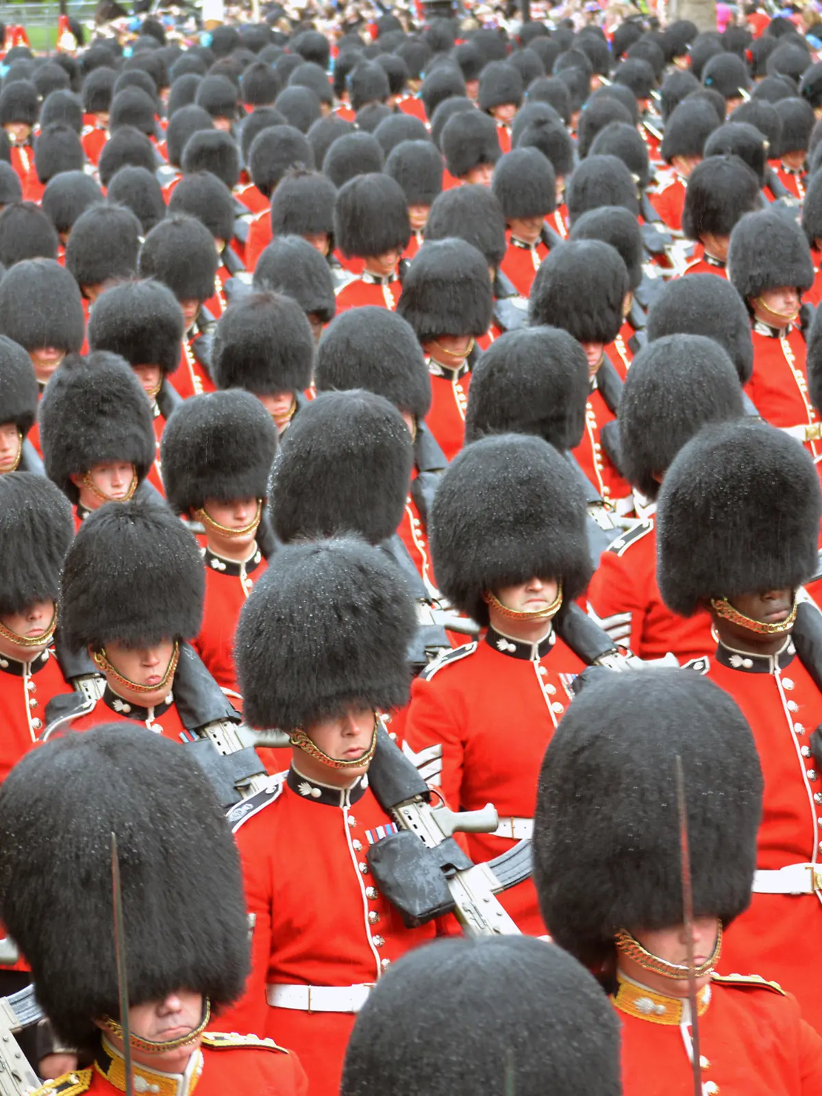 ARCHIV - 06.05.2023, Großbritannien, London: Mitglieder der königlichen Leibgarde ziehen nach der Krönungszeremonie in einer Prozession zum Buckingham-Palast. Zur Krönung von König Charles III. sind zahlreiche Gäste gekommen. (zu dpa: «Britischer Schauspieler Stephen Fry fordert Aus für Bärenfellmützen») Foto: Christoph Meyer/dpa +++ dpa-Bildfunk +++