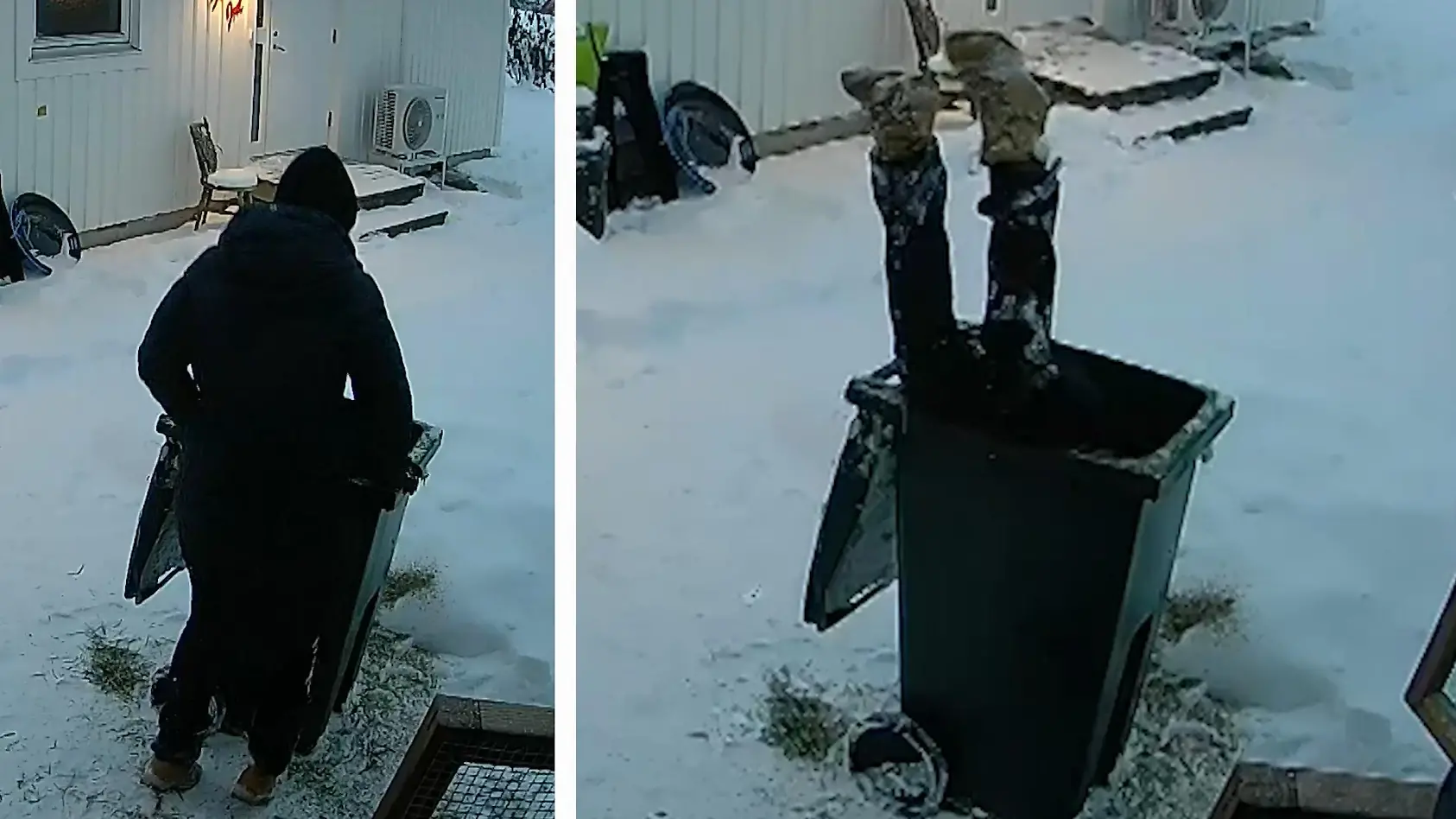 Frau steckt kopfüber in Mülltonne