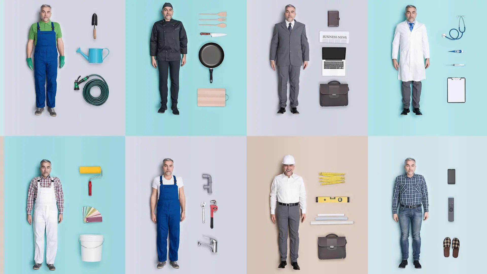 Lifelike male human dolls collection with different outfits and jobs: doctor, businessman, engineer, repairman, painter, gardener, detective