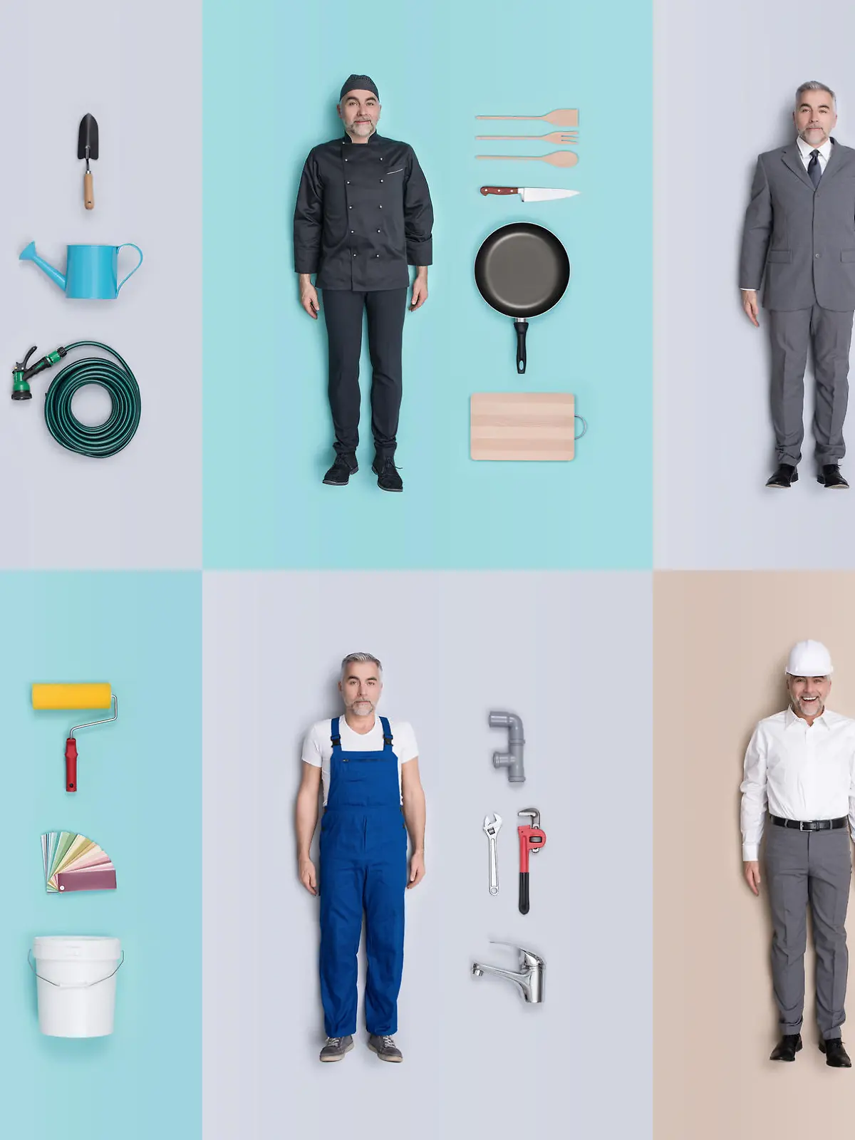 Lifelike male human dolls collection with different outfits and jobs: doctor, businessman, engineer, repairman, painter, gardener, detective