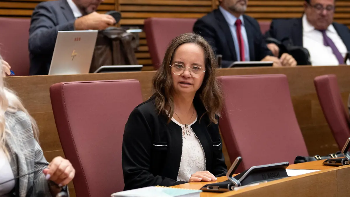 Mar Galceran, Partido Popular -PP- (People's Party) regional deputy at the parliament in Valencia, attends a plenary session on September 28, 2023. Mar Galceran, 45, on September 9, 2023 became the first spaniard with Down sybdrome to be elected deputy in Spain. (Photo by JOSE JORDAN / AFP) (Photo by JOSE JORDAN/AFP via Getty Images)