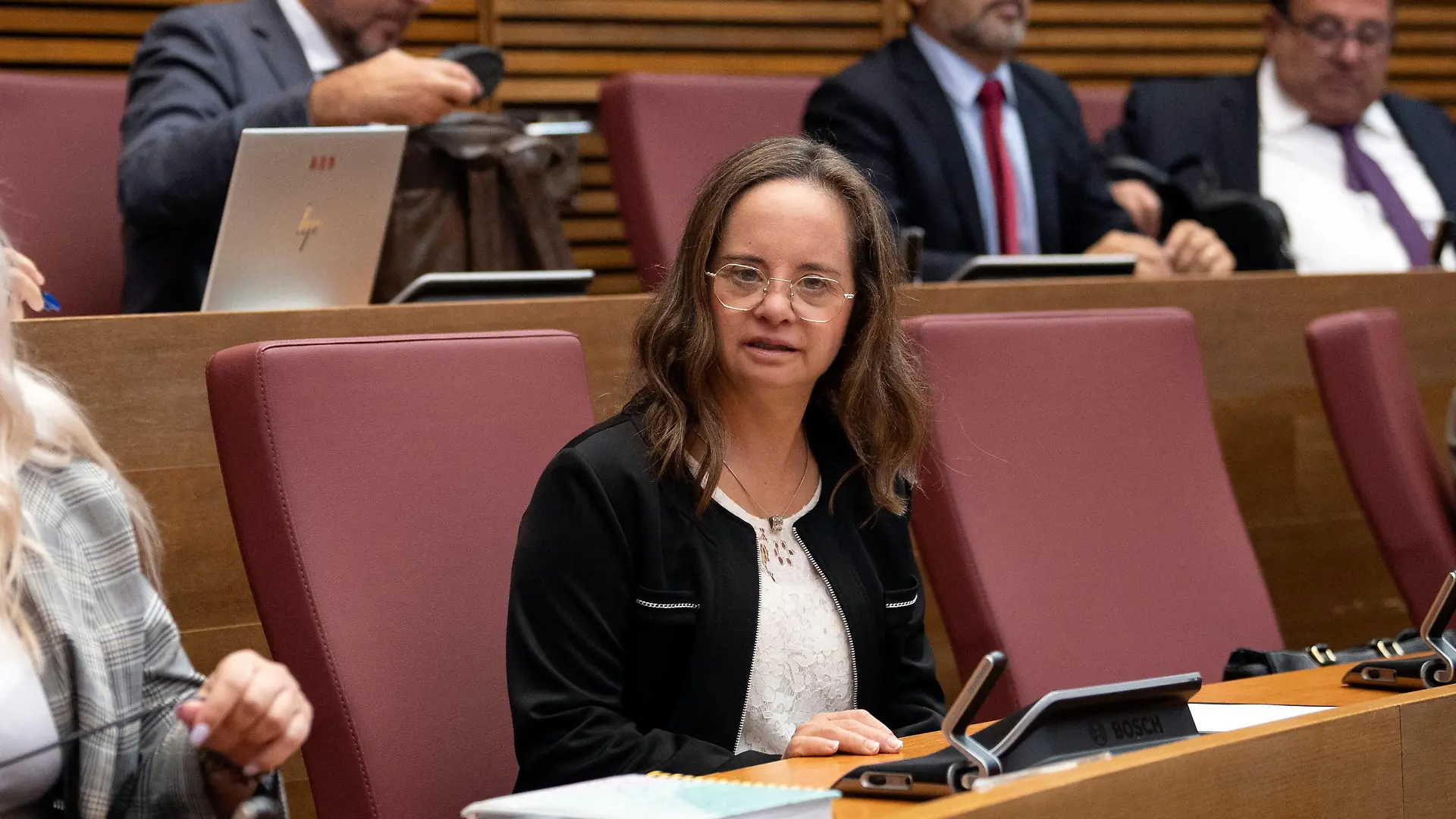 Mar Galceran, Partido Popular -PP- (People's Party) regional deputy at the parliament in Valencia, attends a plenary session on September 28, 2023. Mar Galceran, 45, on September 9, 2023 became the first spaniard with Down sybdrome to be elected deputy in Spain. (Photo by JOSE JORDAN / AFP) (Photo by JOSE JORDAN/AFP via Getty Images)