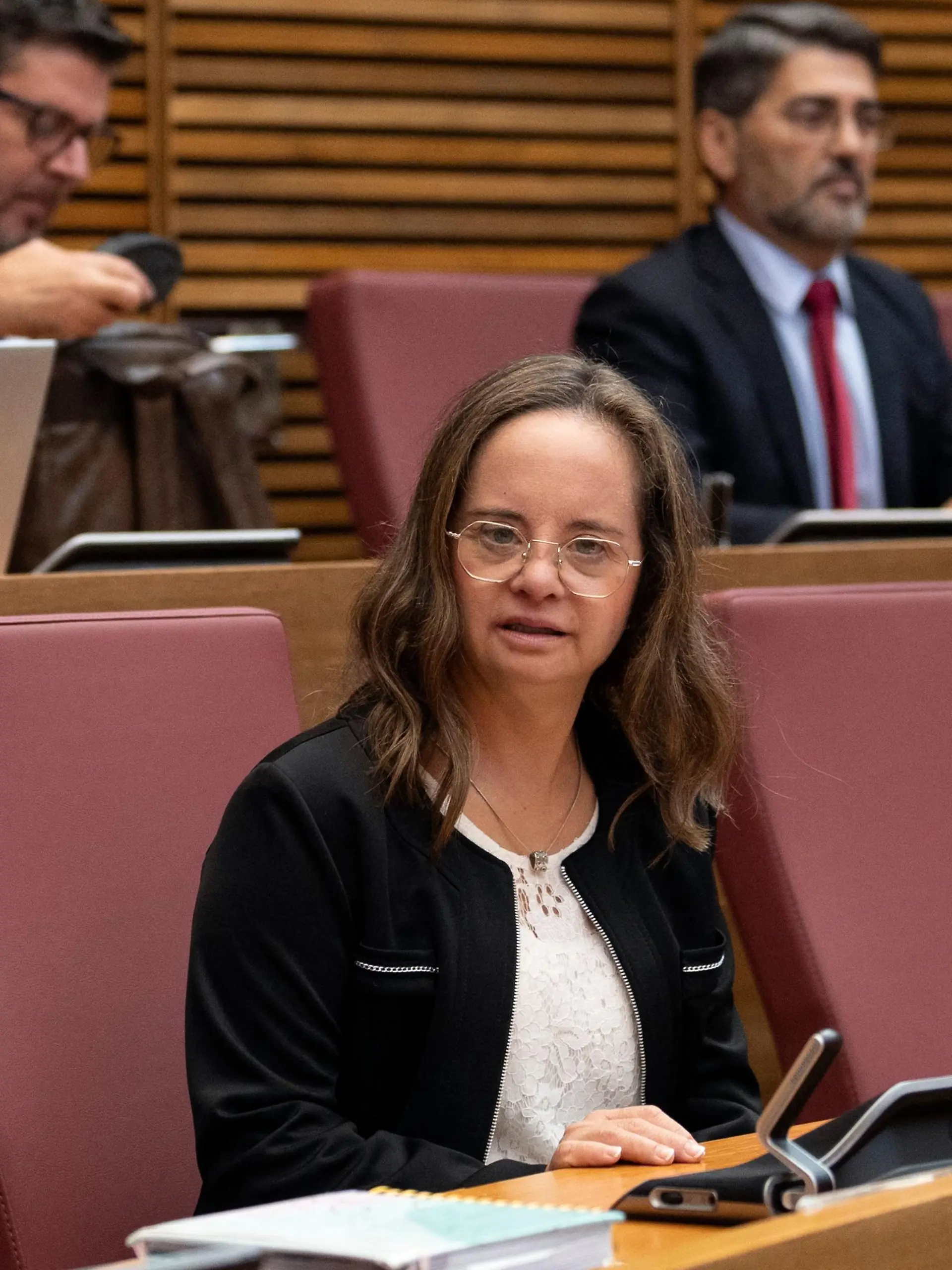 Mar Galceran, Partido Popular -PP- (People's Party) regional deputy at the parliament in Valencia, attends a plenary session on September 28, 2023. Mar Galceran, 45, on September 9, 2023 became the first spaniard with Down sybdrome to be elected deputy in Spain. (Photo by JOSE JORDAN / AFP) (Photo by JOSE JORDAN/AFP via Getty Images)