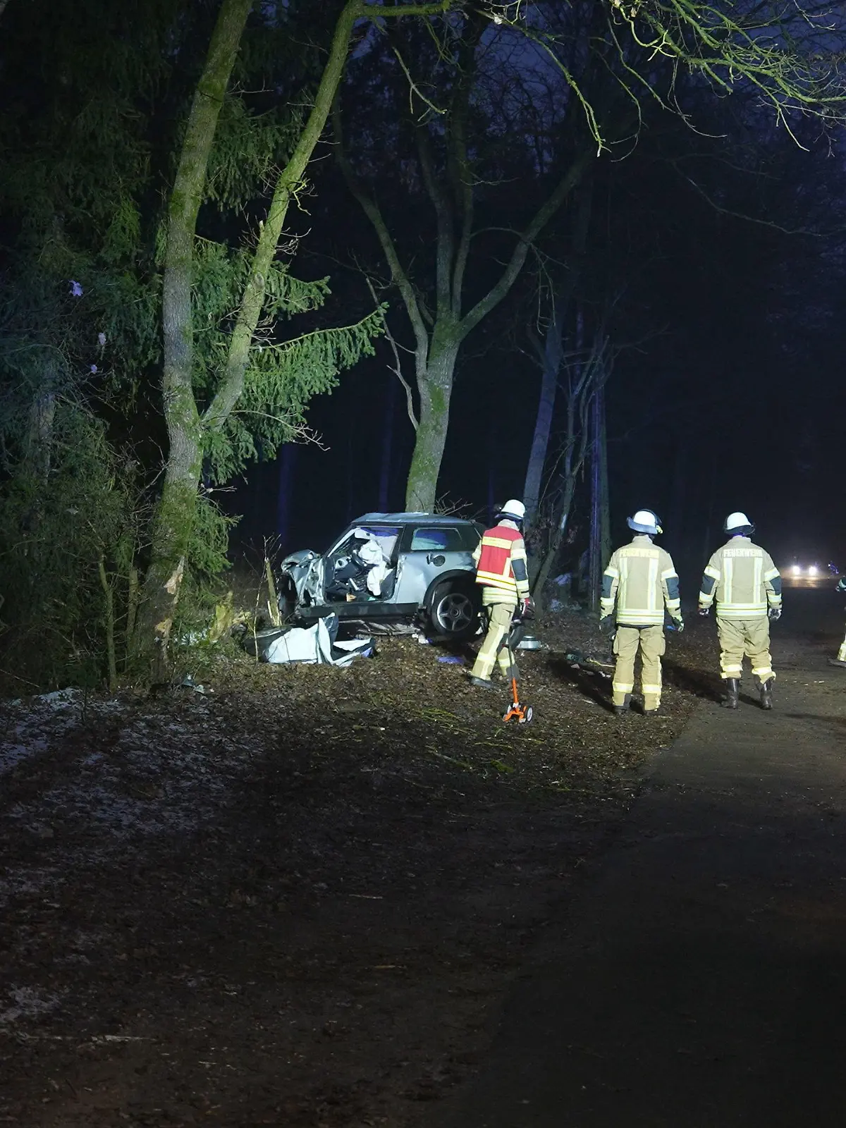12.01.2024, Niedersachsen, Prinzhöfte: Feuerwehrleute bergen ein bei Glätte im Landkreis Oldenburg von der Straße abgekommenes Auto. Der Fahrer kam bei dem Unfall ums Leben. (zu dpa: «Auto kommt von glatter Straße ab - 29-Jähriger tot») Foto: Thomas Lindemann/Nord-West-Media TV/dpa +++ dpa-Bildfunk +++