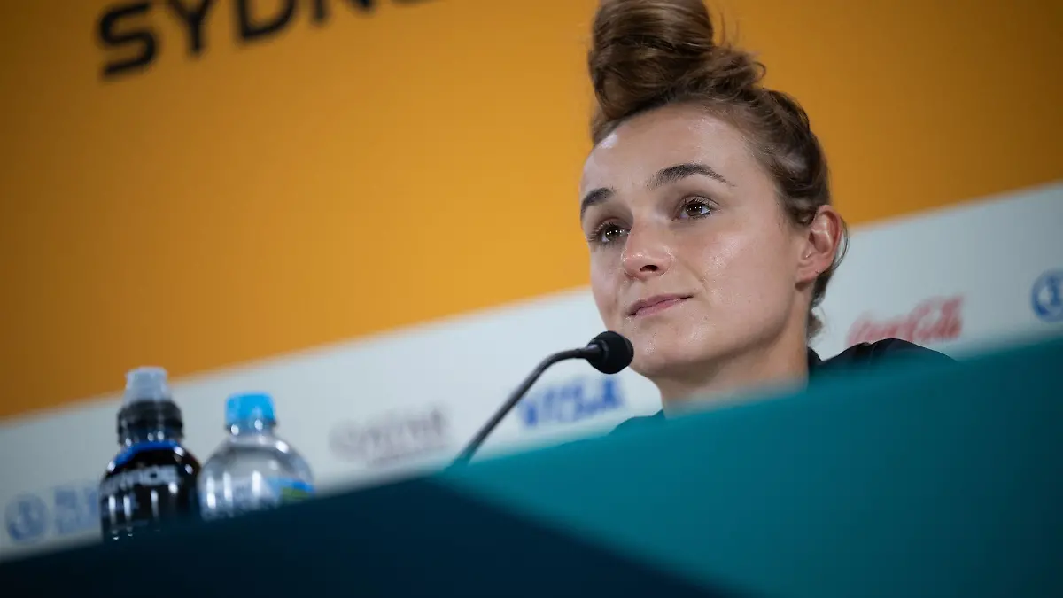Fußball-Nationalspielerin Lina Magull bei einer Pressekonferenz.