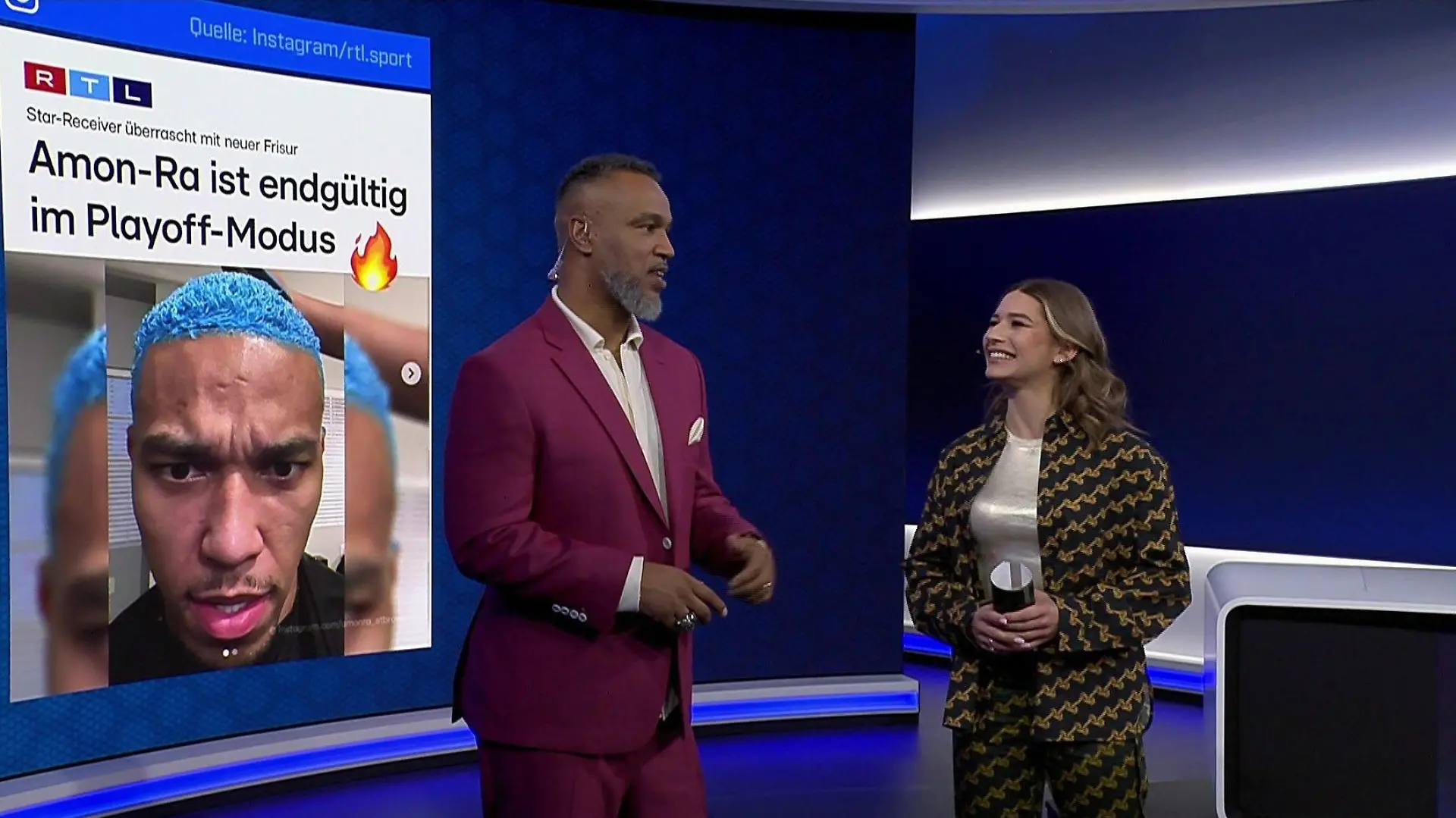 Drei Protagonisten der NFL-Playoffs bei RTL: Patrick Esume, Jana Wosnitza und Amon-Ra St. Brown