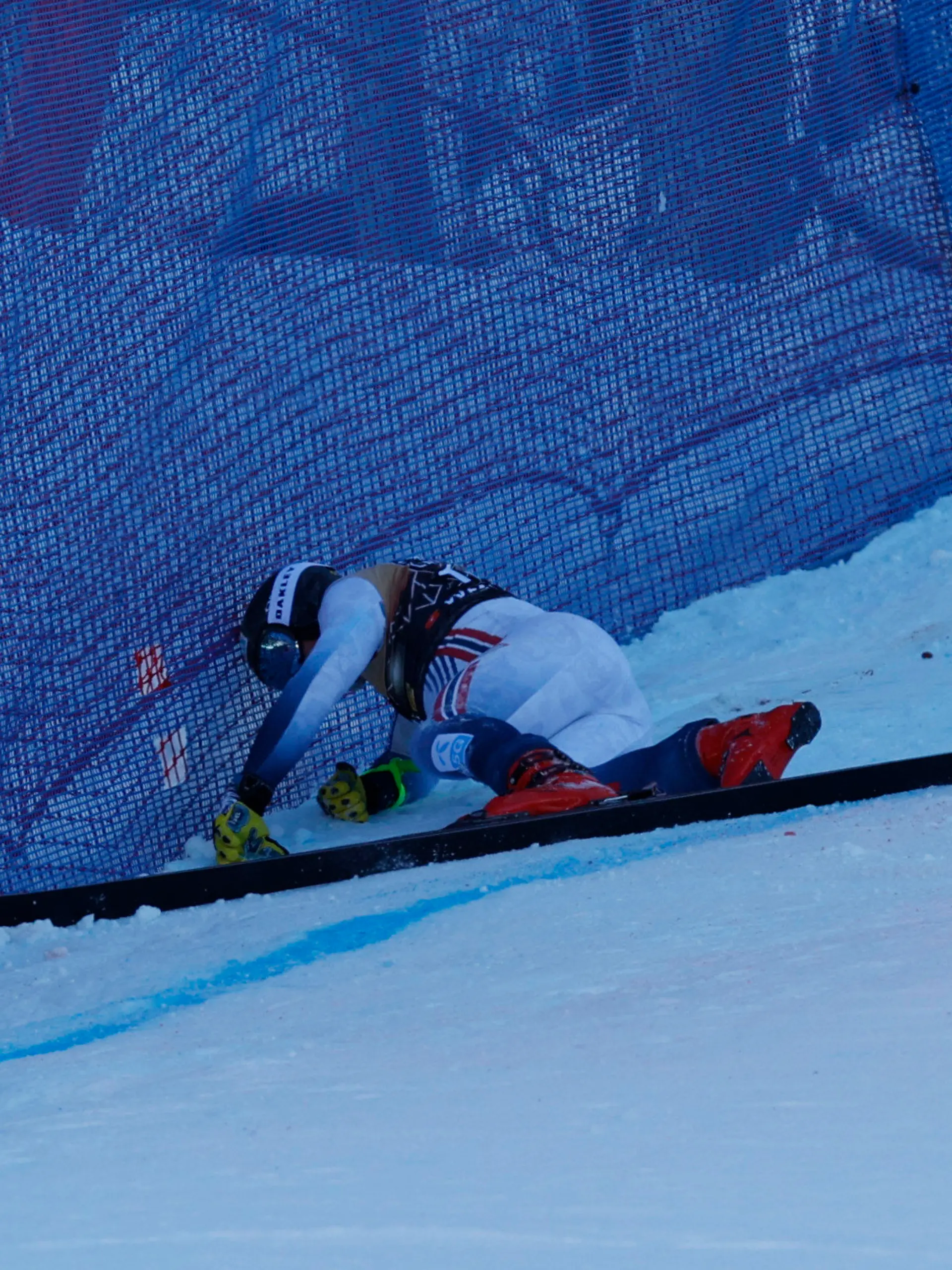 Norway's Aleksander Aamodt Kilde falls during an alpine ski, men's World Cup downhill race, in Wengen, Switzerland, Saturday, Jan. 13, 2024. (AP Photo/Alessandro Trovati)