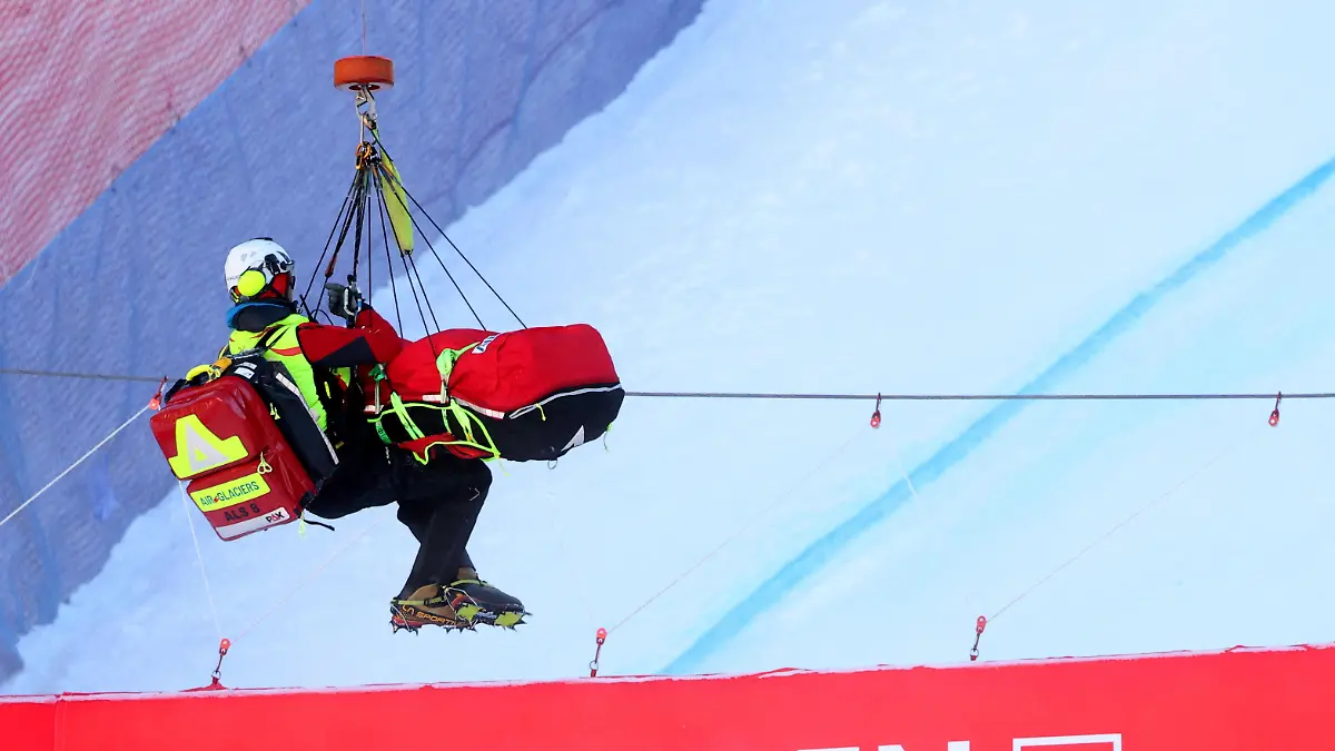 Alpine Skiing - FIS Alpine Ski World Cup - Men's Downhill - Wengen, Switzerland - January 13, 2024 Norway's Aleksander Aamodt Kilde is airlifted after crashing REUTERS/Claudia Greco