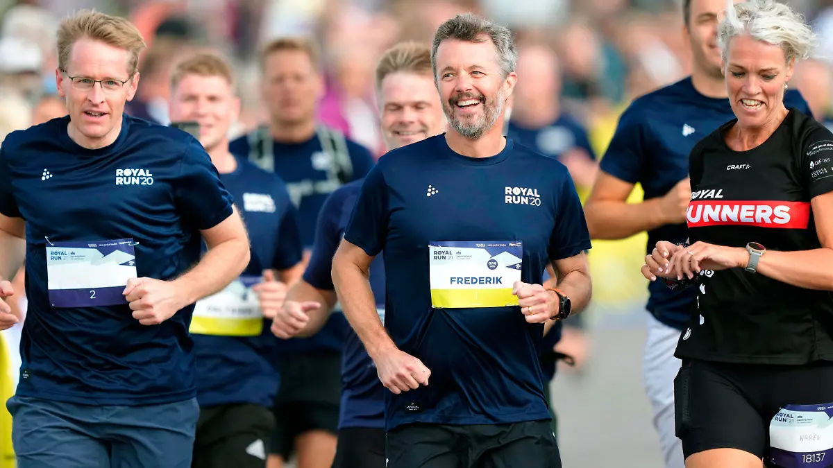 FILE - Denmark's Crown Prince Frederik, centre, takes part in the Royal Run Sonderjylland, in Sonderborg, Denmark, Sunday, Sept. 12, 2021. As a teenager, Crown Prince Frederik felt uncomfortable being in the spotlight, and pondered whether there was any way he could avoid becoming king. All doubts have been swept aside as the 55-year-old takes over the crown on Sunday, Jan. 14, 2024 from his mother, Queen Margrethe II, who is breaking with centuries of Danish royal tradition and retiring after a 52-year reign. (Claus Fisker/Ritzau Scanpix via AP, File)