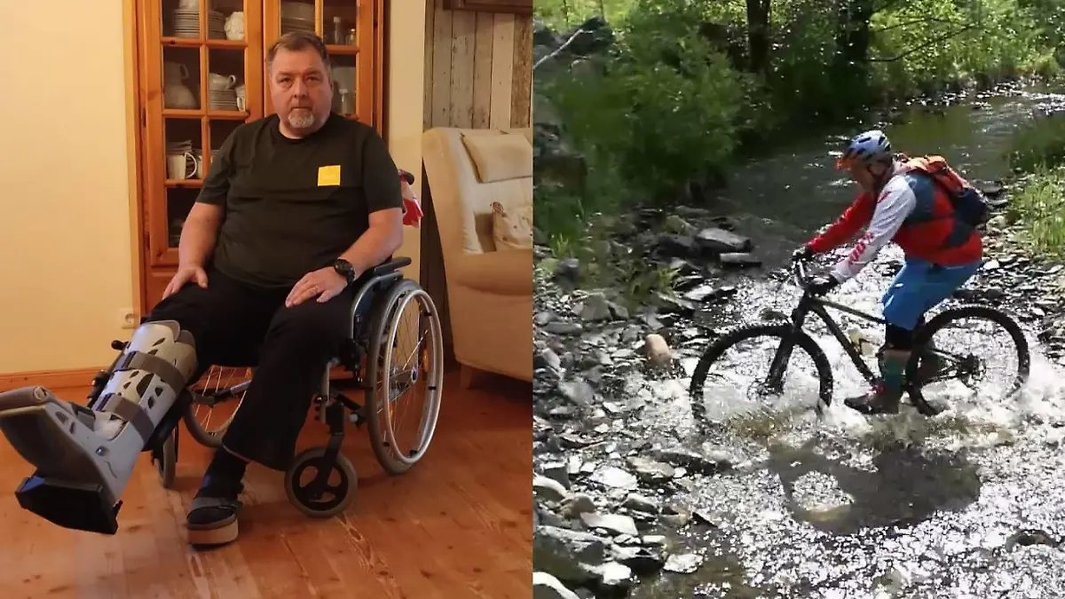 Das Titelbild ist in zwei Bilder aufgeteilt. Rechts sitzt ein Mann in einem Rollstuhl und links fährt der gleiche Mann auf einem Mountainbike.