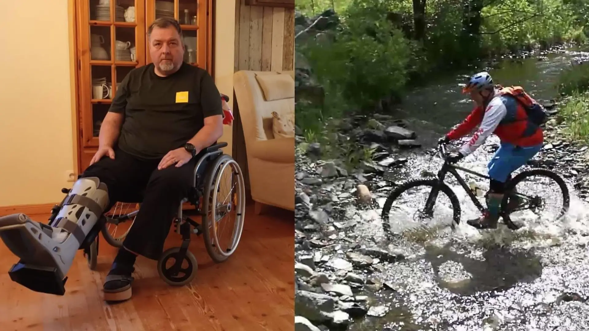 Das Titelbild ist in zwei Bilder aufgeteilt. Rechts sitzt ein Mann in einem Rollstuhl und links fährt der gleiche Mann auf einem Mountainbike.
