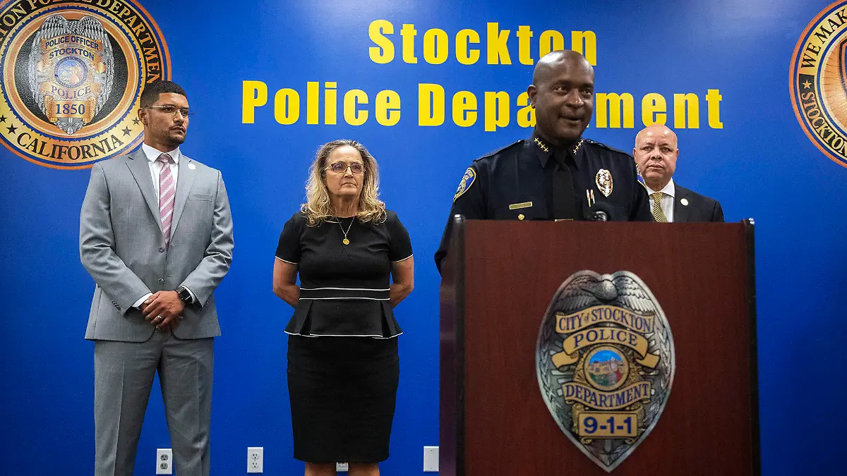 Stockton Police Chief Stanley McFadden speaks during a news conference at the Stockton Police Department headquarters about the arrest of suspect Wesley Brownlee in a series of killings in Stockton, Calif., Saturday, Oct. 15, 2022. Pictured behind McFadden are Stockton Mayor Kevin Lincoln, left, San Joaquin County District Attorney Tori Veber Salazar and Stockton city manager Harry Black. (Clifford Oto/The Record via AP)