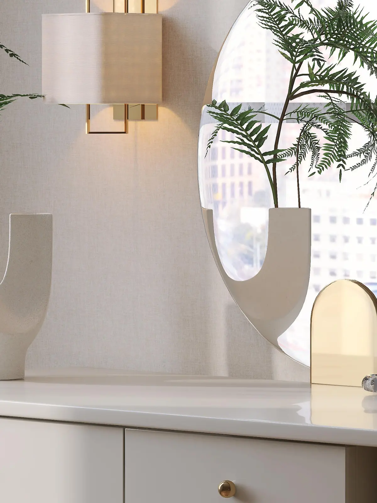 Beautiful and luxury wooden beige dressing table with a vase of tropical plant and frameless round mirror in bedroom with sunlight from window on wallpaper wall for product display