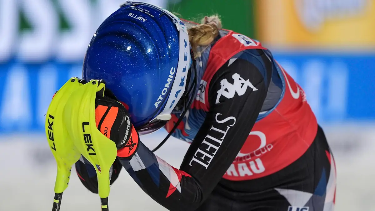 United States' Mikaela Shiffrin reacts after winning an alpine ski, women's World Cup slalom in Flachau, Austria, Tuesday, Jan.16, 2024. (AP Photo/Giovanni Auletta)
