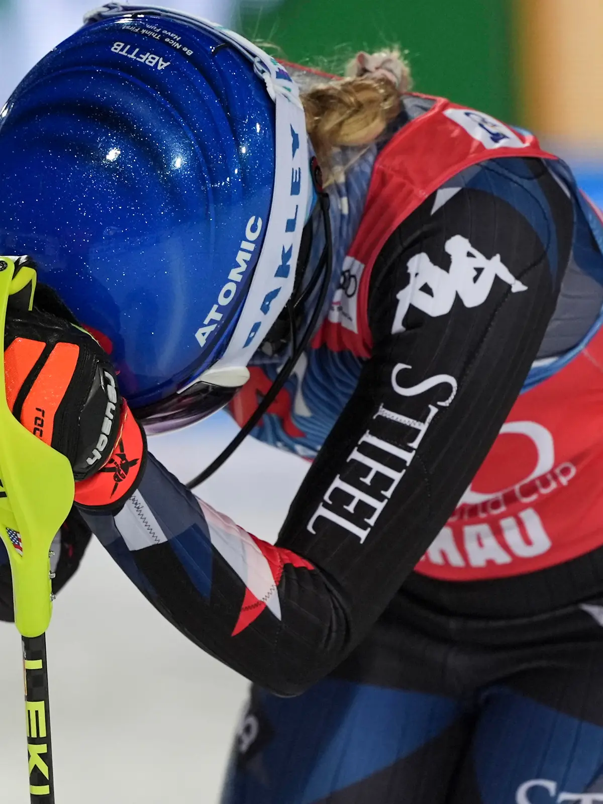 United States' Mikaela Shiffrin reacts after winning an alpine ski, women's World Cup slalom in Flachau, Austria, Tuesday, Jan.16, 2024. (AP Photo/Giovanni Auletta)