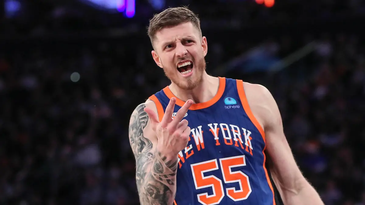 Dec 23, 2023; New York, New York, USA; New York Knicks center Isaiah Hartenstein (55) argue with an official in the fourth quarter against the Milwaukee Bucks at Madison Square Garden. Mandatory Credit: Wendell Cruz-USA TODAY Sports