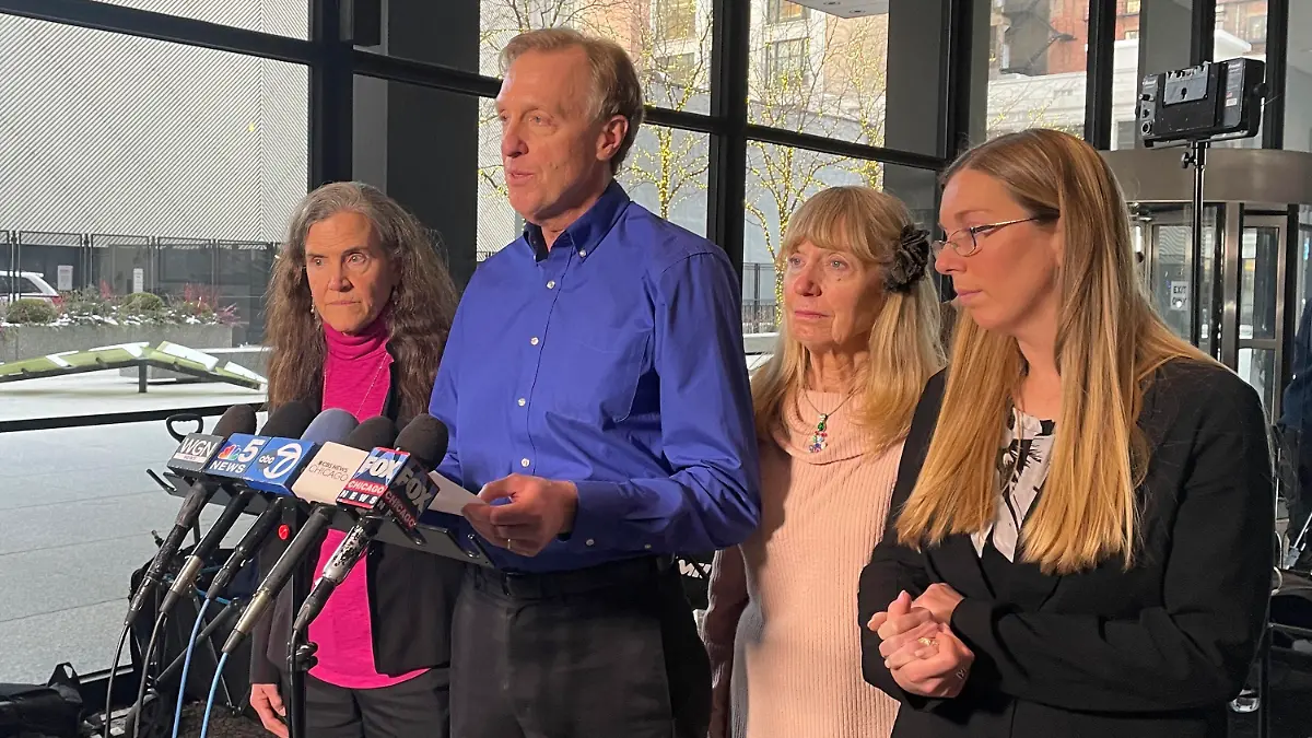Bill Wiese, the uncle of Heather Mack and brother of Sheila von Wiese-Mack, tell reporters after Mack's sentencing at Dirksen Federal Courthouse in Chicago on Wednesday, Jan. 17, 2024, that he and his wife, left, sister, middle right, and niece feel that justice was served for Wiese-Mack's 2014 murder in Bali. Mack received a 26-year sentence. (AP Photo/Claire Savage)