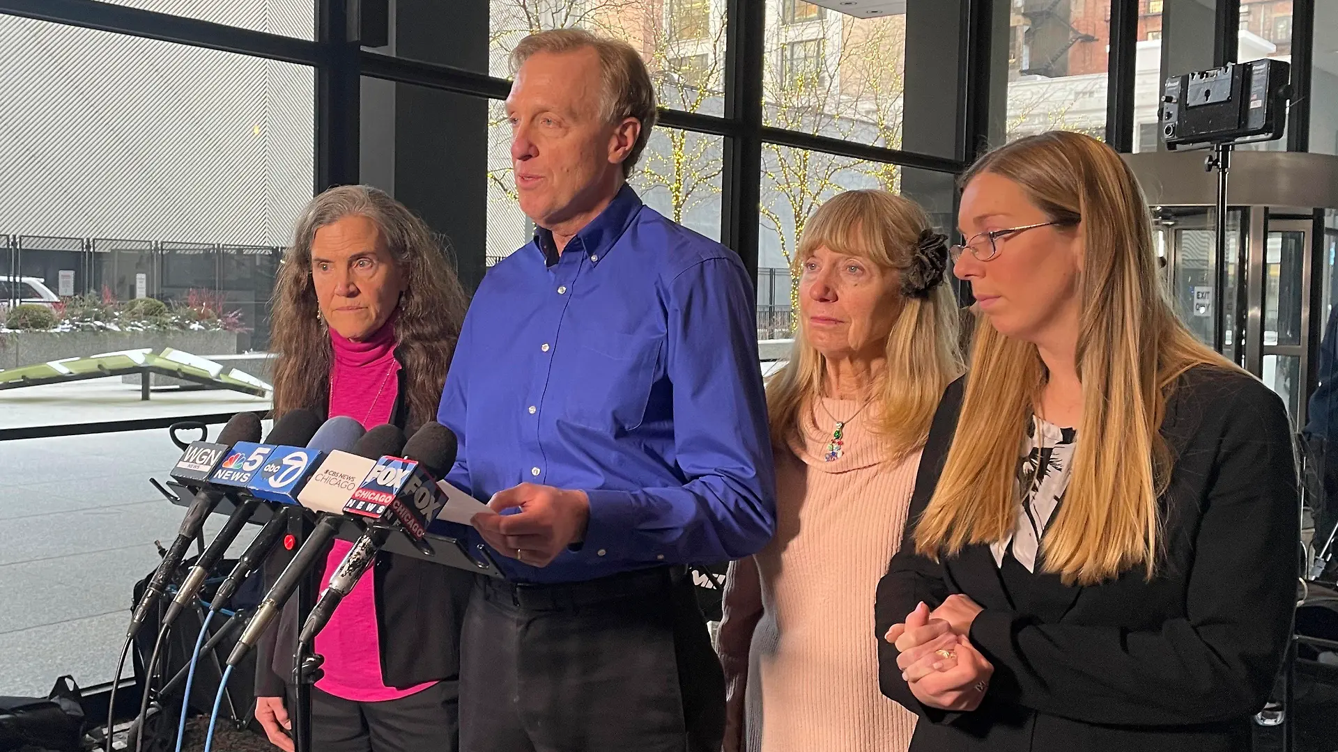 Bill Wiese, the uncle of Heather Mack and brother of Sheila von Wiese-Mack, tell reporters after Mack's sentencing at Dirksen Federal Courthouse in Chicago on Wednesday, Jan. 17, 2024, that he and his wife, left, sister, middle right, and niece feel that justice was served for Wiese-Mack's 2014 murder in Bali. Mack received a 26-year sentence. (AP Photo/Claire Savage)