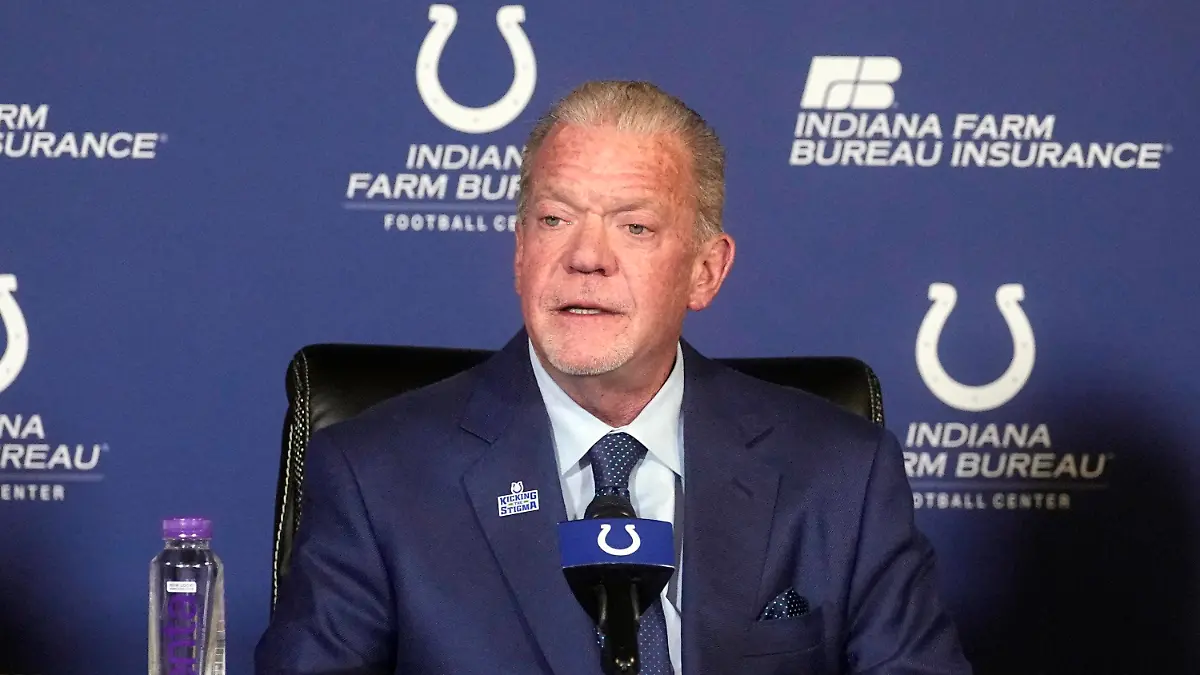 FILE -Indianapolis Colts owner Jim Irsay speaks during a news conference at the NFL football team's practice facility Monday, Nov. 7, 2022, in Indianapolis. Irsay is being treated for a severe respiratory illness and will be unable to perform with his band later this week, team officials said Tuesday, Jan. 9, 2024. (AP Photo/Darron Cummings, File)