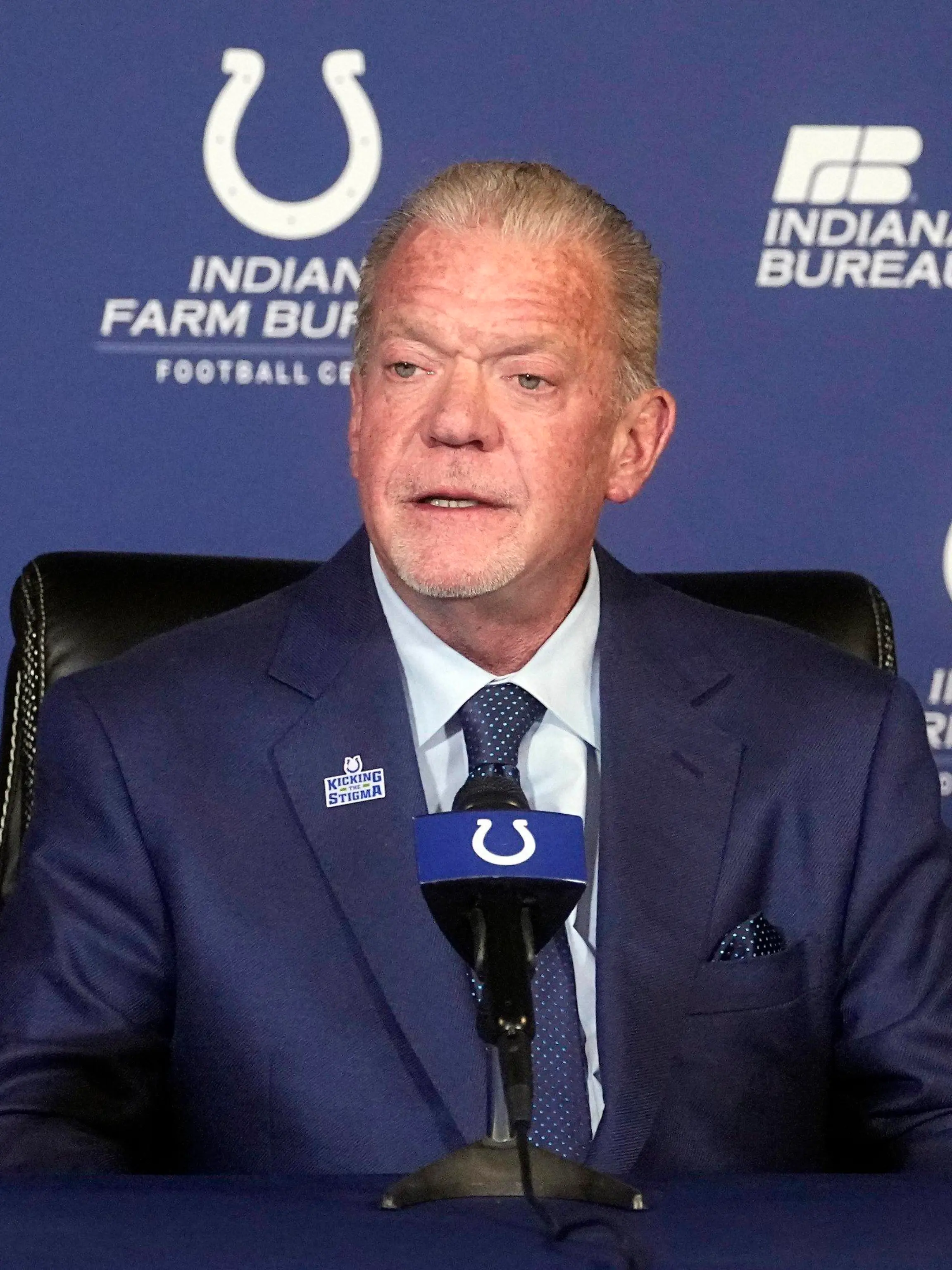 FILE -Indianapolis Colts owner Jim Irsay speaks during a news conference at the NFL football team's practice facility Monday, Nov. 7, 2022, in Indianapolis. Irsay is being treated for a severe respiratory illness and will be unable to perform with his band later this week, team officials said Tuesday, Jan. 9, 2024. (AP Photo/Darron Cummings, File)