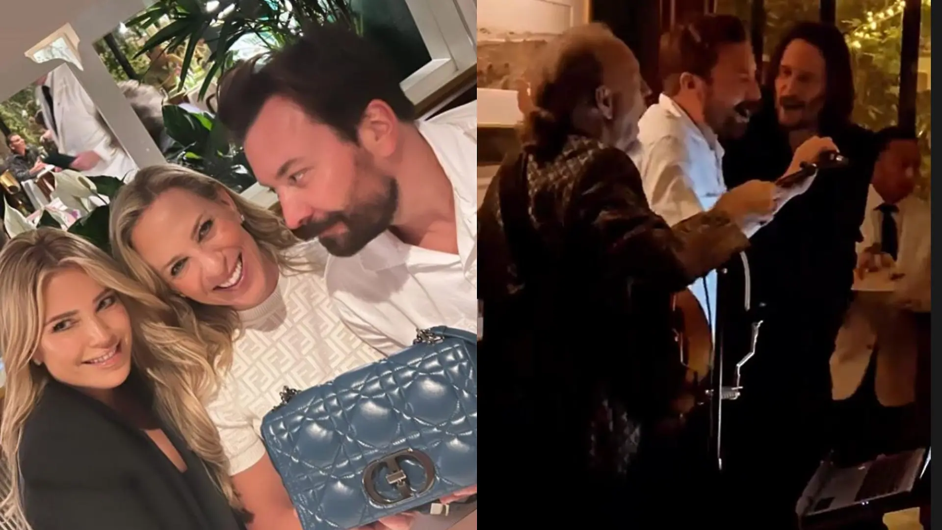 Sylvie Meis mit Freundin und Jimmy Fallon sowie der Talk-Show-Host mit Keanu Reeves auf der Bühne.