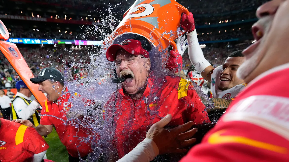 Kansas City Chiefs head coach Andy Reid is dunked after their win against the Philadelphia Eagles at the NFL Super Bowl 57 football game, Sunday, Feb. 12, 2023, in Glendale, Ariz. Kansas City Chiefs defeated the Philadelphia Eagles 38-35. (AP Photo/Matt Slocum)