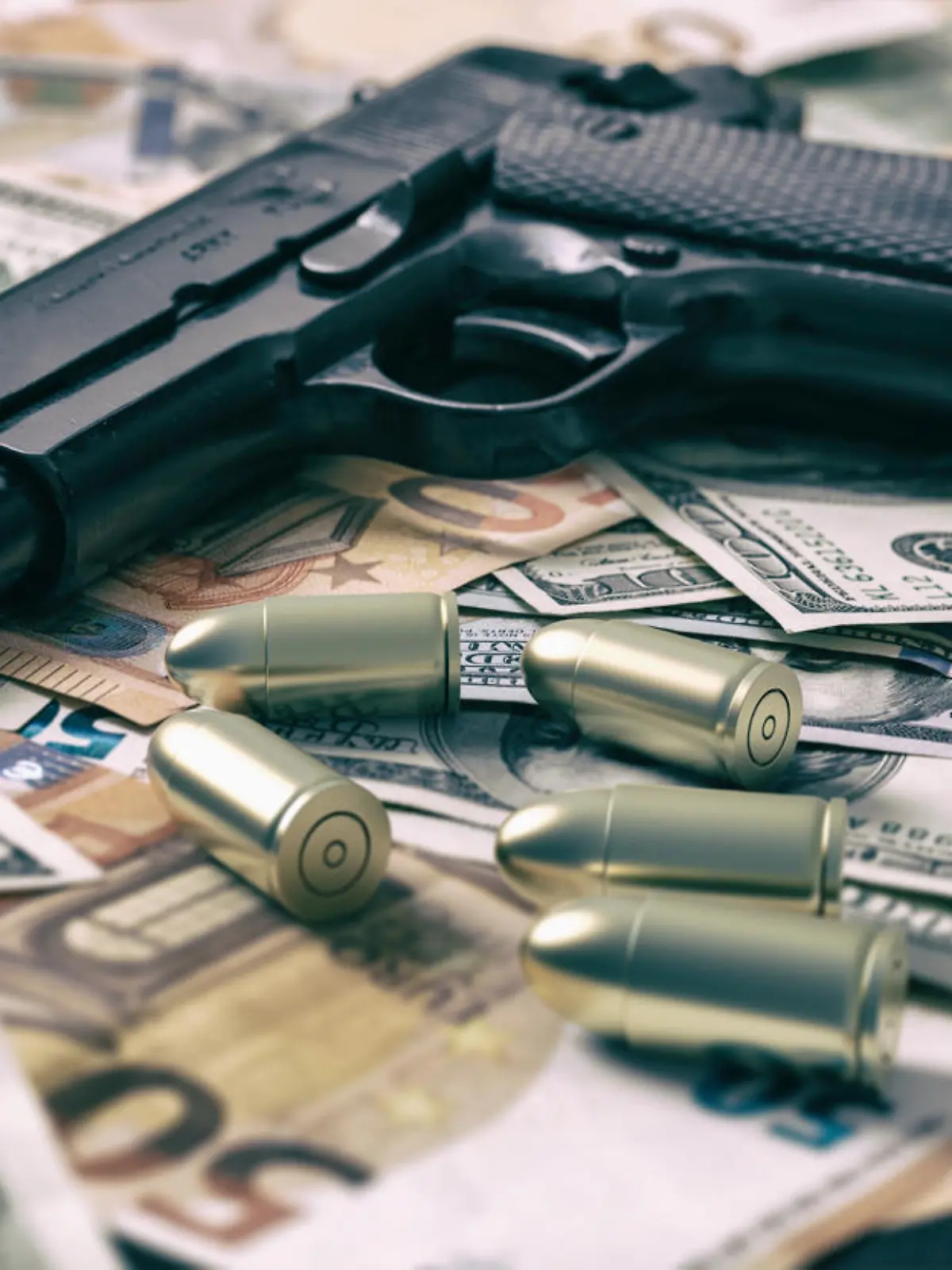 Pistol and bullets on dollar and euro banknotes background, closeup view. Criminal money. Black money and protection, mafia and corruption concept,