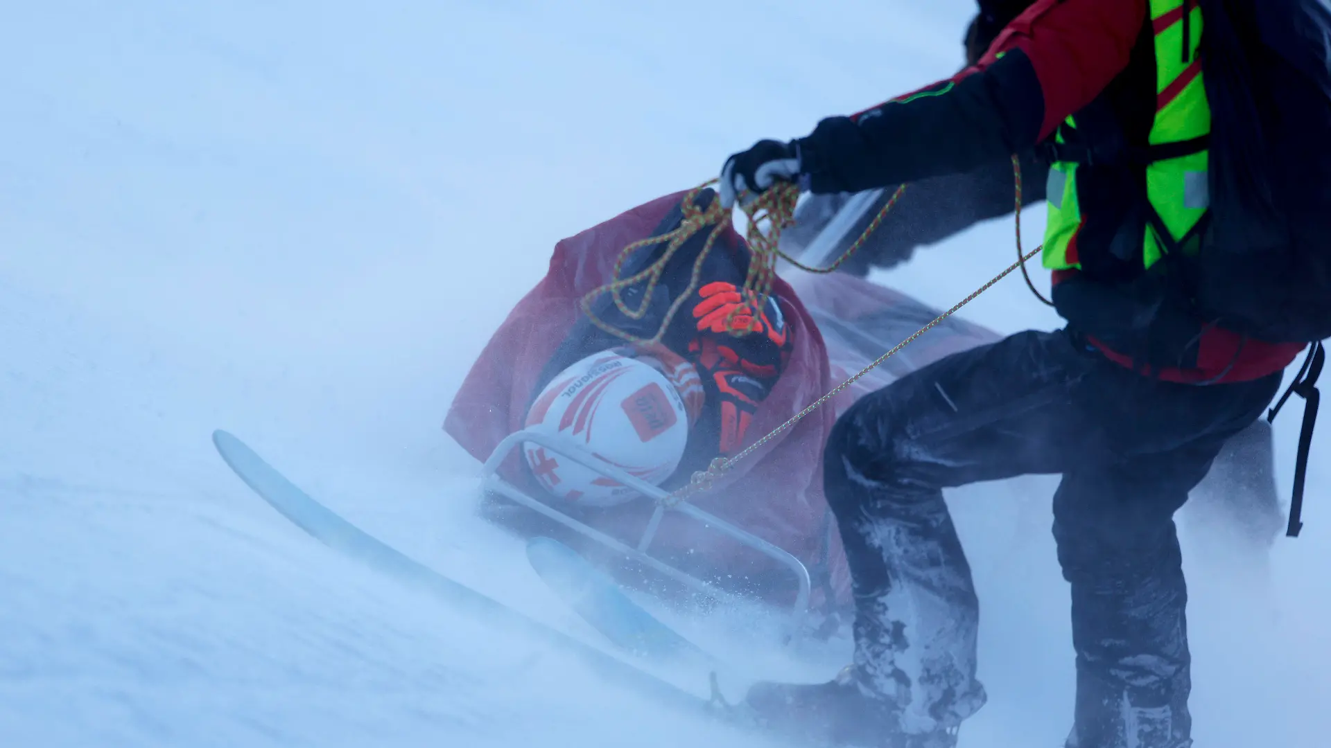 Slovakia's Petra Vlhova is carried down with a toboggan after falling during the first run of an alpine ski, women's World Cup giant slalom race, in Jasna, Slovakia, Saturday, Jan. 20, 2024. (AP Photo/Giovanni Maria Pizzato)