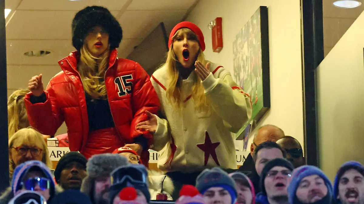 Jan 21, 2024; Orchard Park, New York, USA; Taylor Swift (right) and Brittany Mahomes react after Kansas City Chiefs tight end Travis Kelce (not pictured) scores a touchdown in the 2024 AFC divisional round game between against the Buffalo Bills at Highmark Stadium. Mandatory Credit: Mark J. Rebilas-USA TODAY Sports     TPX IMAGES OF THE DAY