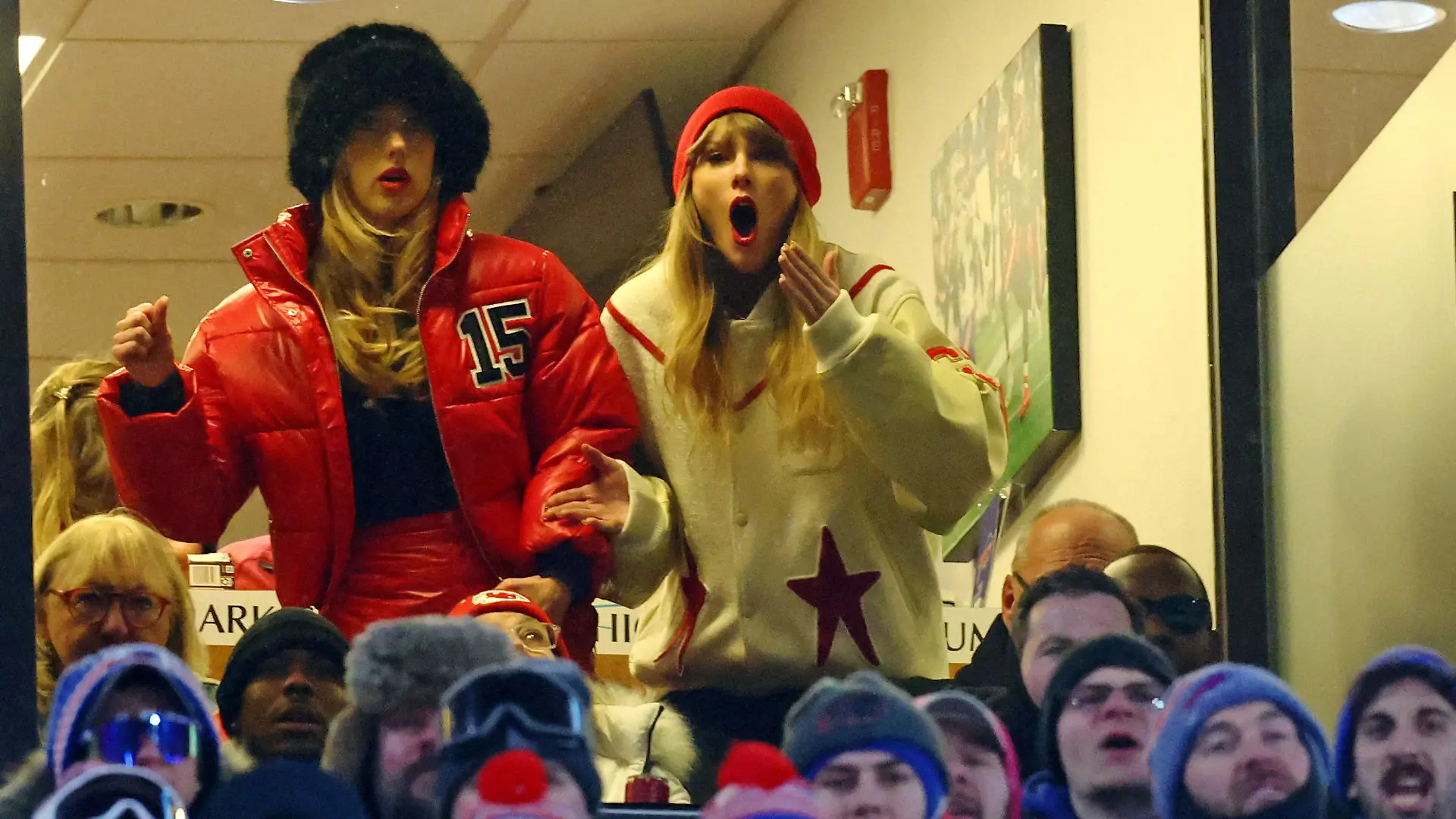 Jan 21, 2024; Orchard Park, New York, USA; Taylor Swift (right) and Brittany Mahomes react after Kansas City Chiefs tight end Travis Kelce (not pictured) scores a touchdown in the 2024 AFC divisional round game between against the Buffalo Bills at Highmark Stadium. Mandatory Credit: Mark J. Rebilas-USA TODAY Sports     TPX IMAGES OF THE DAY