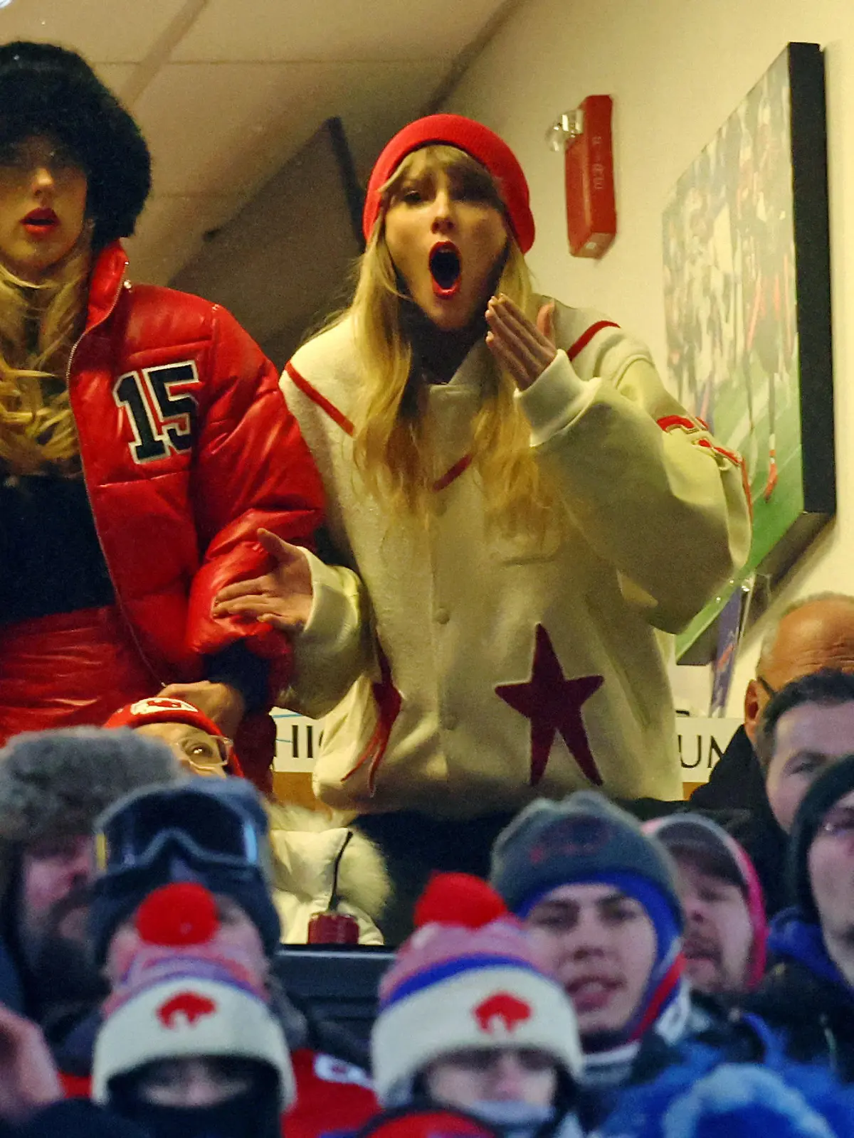 Jan 21, 2024; Orchard Park, New York, USA; Taylor Swift (right) and Brittany Mahomes react after Kansas City Chiefs tight end Travis Kelce (not pictured) scores a touchdown in the 2024 AFC divisional round game between against the Buffalo Bills at Highmark Stadium. Mandatory Credit: Mark J. Rebilas-USA TODAY Sports     TPX IMAGES OF THE DAY