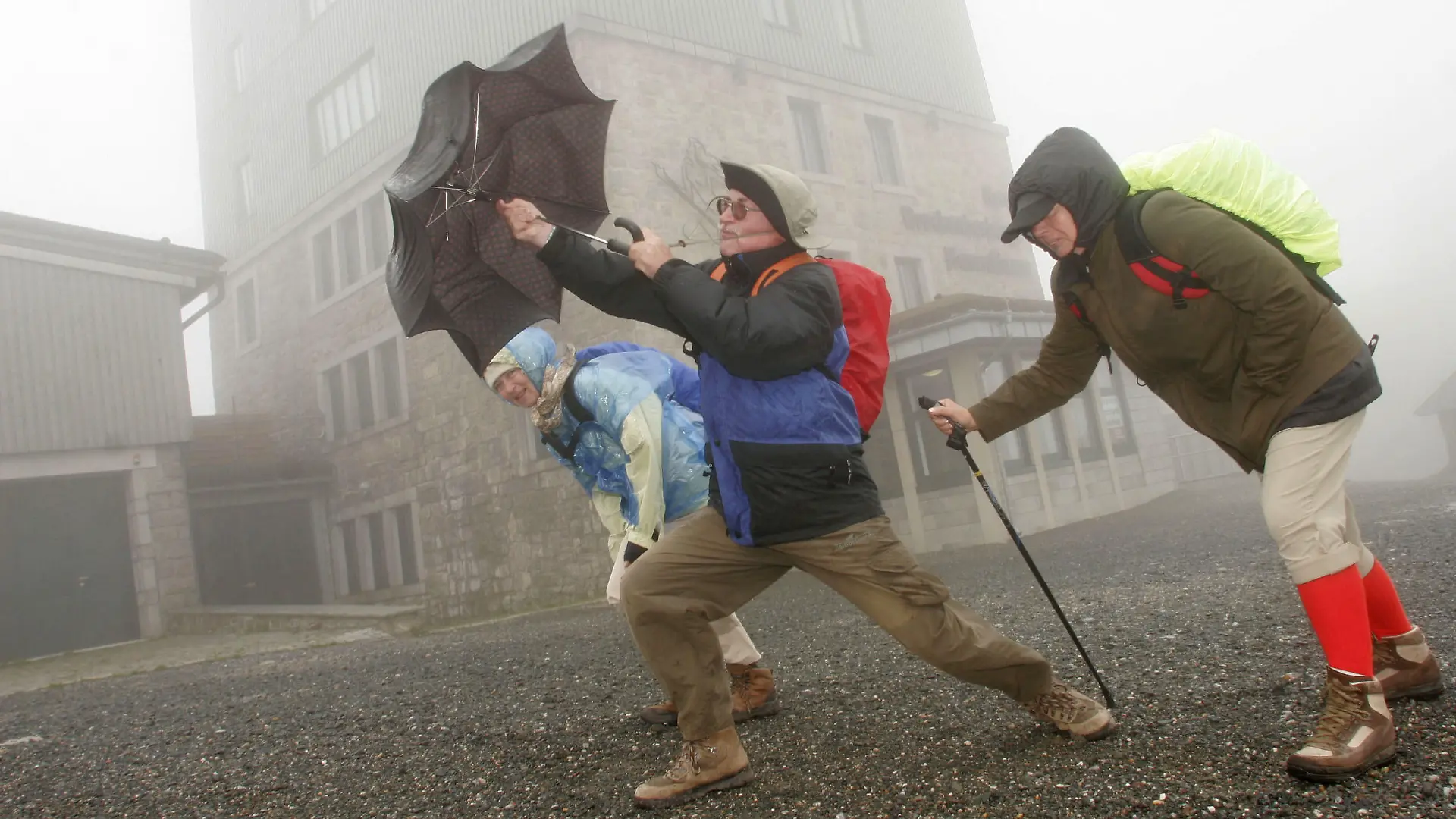 Eine Wandergruppe aus dem Rheinland kämpft am Mittwoch (27.06.2007) auf dem Brocken gegen Regen und Sturm. Auf dem Harzgipfel beschränkte sich die Sicht auf unter 50 Meter. Dabei zeigte das Thermometer nur ein Grad Celsius an. Foto: Matthias Bein dpa/lah/lni/lnw +++(c) dpa - Bildfunk+++