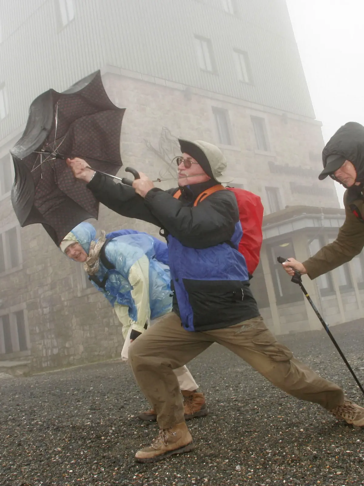 Eine Wandergruppe aus dem Rheinland kämpft am Mittwoch (27.06.2007) auf dem Brocken gegen Regen und Sturm. Auf dem Harzgipfel beschränkte sich die Sicht auf unter 50 Meter. Dabei zeigte das Thermometer nur ein Grad Celsius an. Foto: Matthias Bein dpa/lah/lni/lnw +++(c) dpa - Bildfunk+++