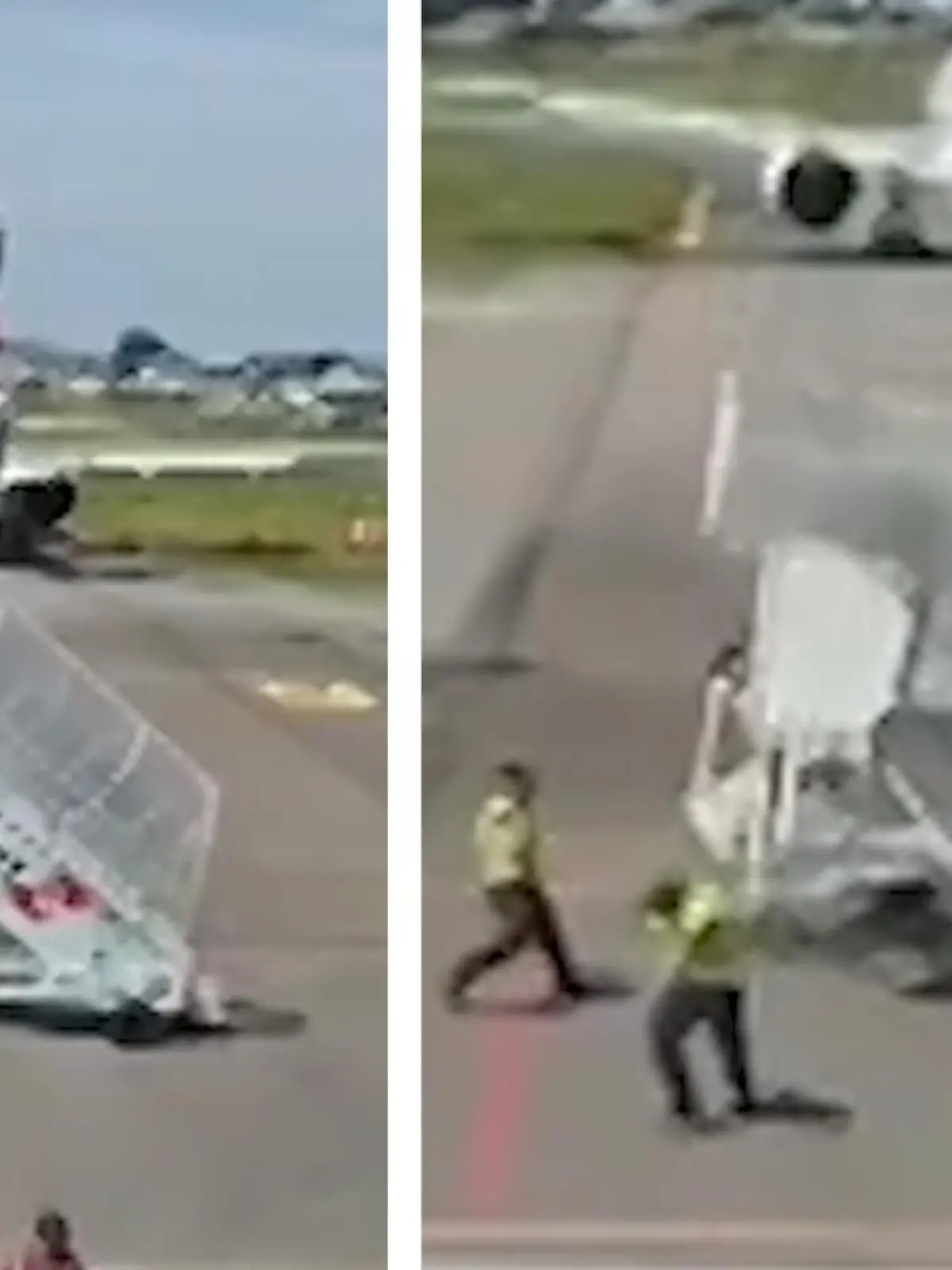 Eine Flugzeugtreppe aus Stahl wird dem Bodenpersonal eines brasilianischen Flughafens auf der Start- und Landebahn fast zum Verhängnis. Den heiklen Moment seht ihr im Video.