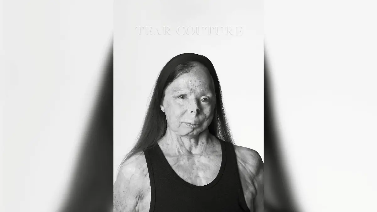 The front cover of the 'Tear Couture' lookbook featuring acid attack survivor and campaigner Patricia Lefranc is displayed, in London