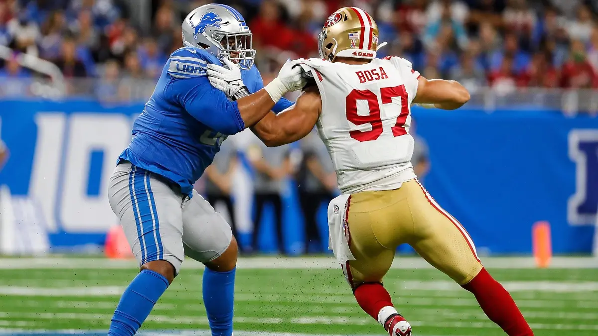 Syndication: Detroit Free Press Detroit Lions offensive tackle Penei Sewell tries to stop San Francisco 49ers defensive end Nick Bosa during the first half at Ford Field in Detroit on Sunday, Sept. 12, 2021. Detroit MI , EDITORIAL USE ONLY PUBLICATIONxINxGERxSUIxAUTxONLY Copyright: xJunfuxHanx 16740996