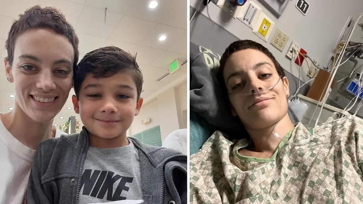 Cat Janice links mit ihrem siebenjährigen Sohn auf Instagram, rechts im Krankenhaus - mittlerweile ist sie wieder Zuhause, wird nur noch palliativ behandelt.