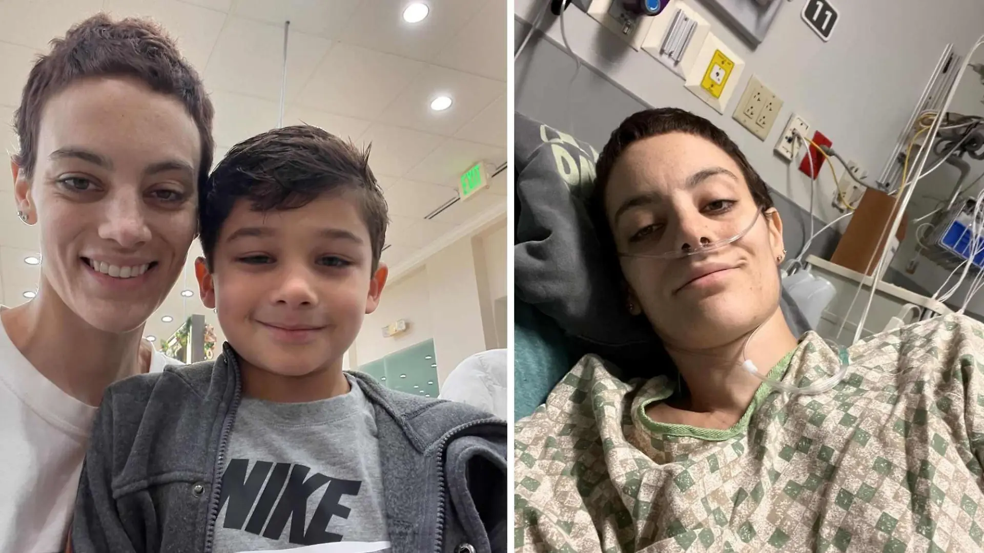 Cat Janice links mit ihrem siebenjährigen Sohn auf Instagram, rechts im Krankenhaus - mittlerweile ist sie wieder Zuhause, wird nur noch palliativ behandelt.