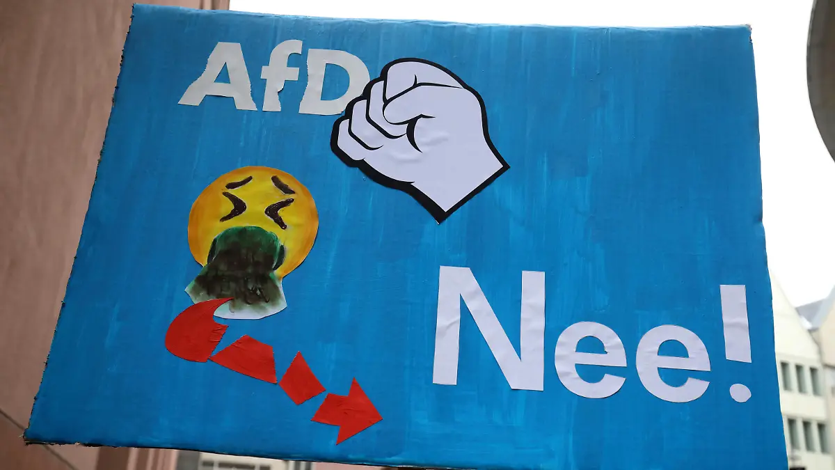 Kundgebung gegen die AfD und Rechtsextremismus - GER, Germany, Deutschland, Frankfurt am Main, 20.01.2024 - Frankfurt am Main: ber vierzigtausend Menschen protestieren vor dem Frankfurter Rmer, dem Paulsplatz, vom Mainkai bis zum Liebfrauenberg gegen die AfD und Rechtsextremismus. Mehr als 60 Gruppierungen und Organisationen, darunter der Deutsche Gewerkschaftsbund, Greenpeace und Caritas haben zur Teilnahme an der Kundgebung aufgerufen, die von der Klimagerechtigkeitsgruppe Koalakollektiv unter dem Motto "Demokratie verteidigen - Frankfurt gegen AfD und Rechtsruck" angemeldet wurde. Nach der Kundgebung zog der Demonstrationszug zur Alten Oper. Demoschild: AfD Nee! - Abbildung: geballte Faust, kotzendes Smiley