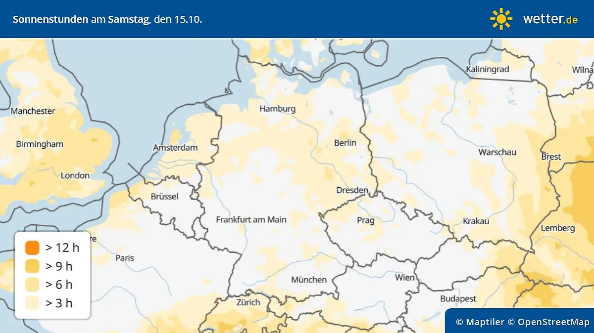 Die Grafik zeigt die Sonnenstunden am Samstag, 15.10.2022