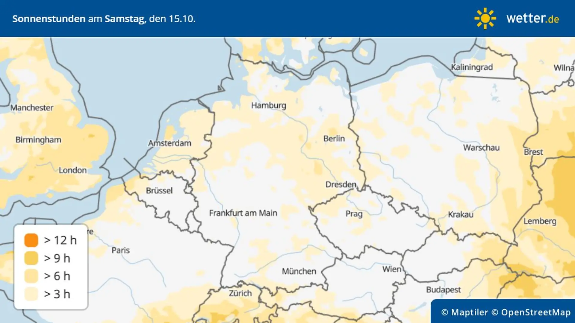 Die Grafik zeigt die Sonnenstunden am Samstag, 15.10.2022