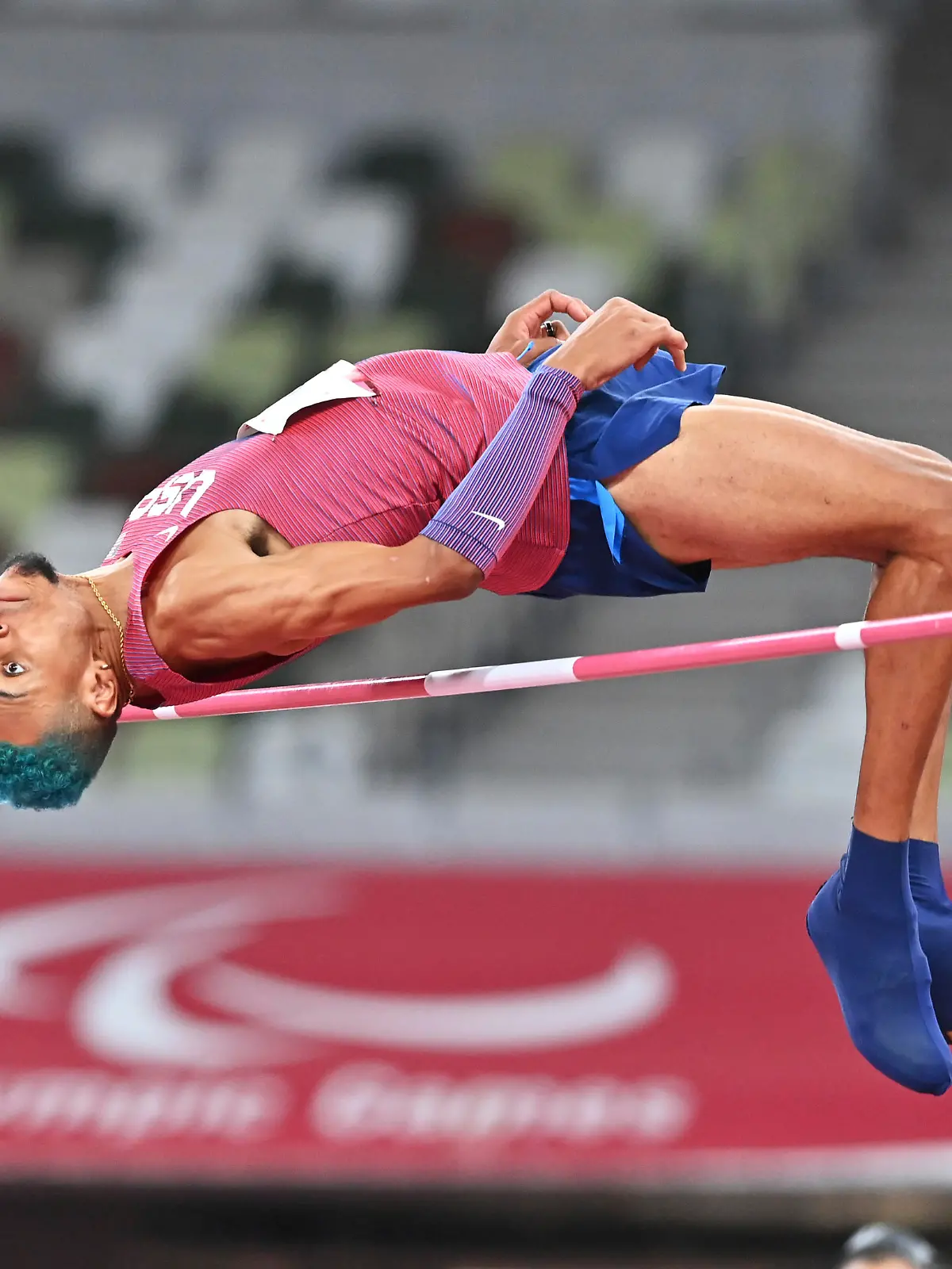 USA's TOWNSEND Roderick jumps during the Men's High Jump - T47 Final at the Summer Paralympic Games in Tokyo on Aug. 29, 2021. Townsend won the event. ( The Yomiuri Shimbun via AP Images )