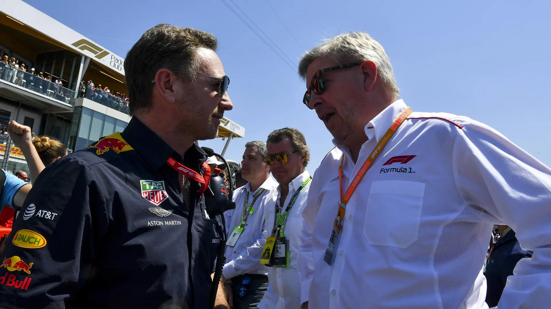 2019 Canadian GP CIRCUIT GILLES-VILLENEUVE, CANADA - JUNE 09: Christian Horner, Team Principal, Red Bull Racing and Ross Brawn, Managing Director of Motorsports, FOM on the grid during the Canadian GP at Circuit Gilles-Villeneuve on June 09, 2019 in Circuit Gilles-Villeneuve, Canada. (Photo by Mark Sutton / Sutton Images) Images) PUBLICATIONxINxGERxSUIxAUTxHUNxONLY MS2_9539