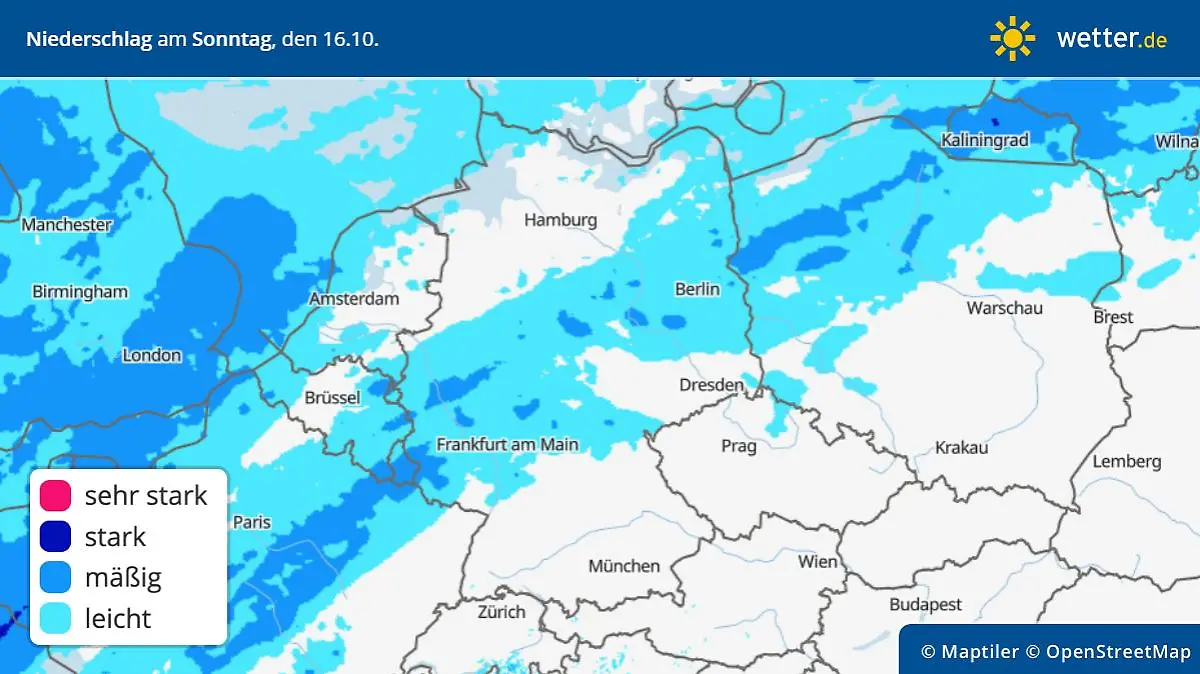 Die Grafik zeigt den Niederschlag am Sonntag, 16.10.2022