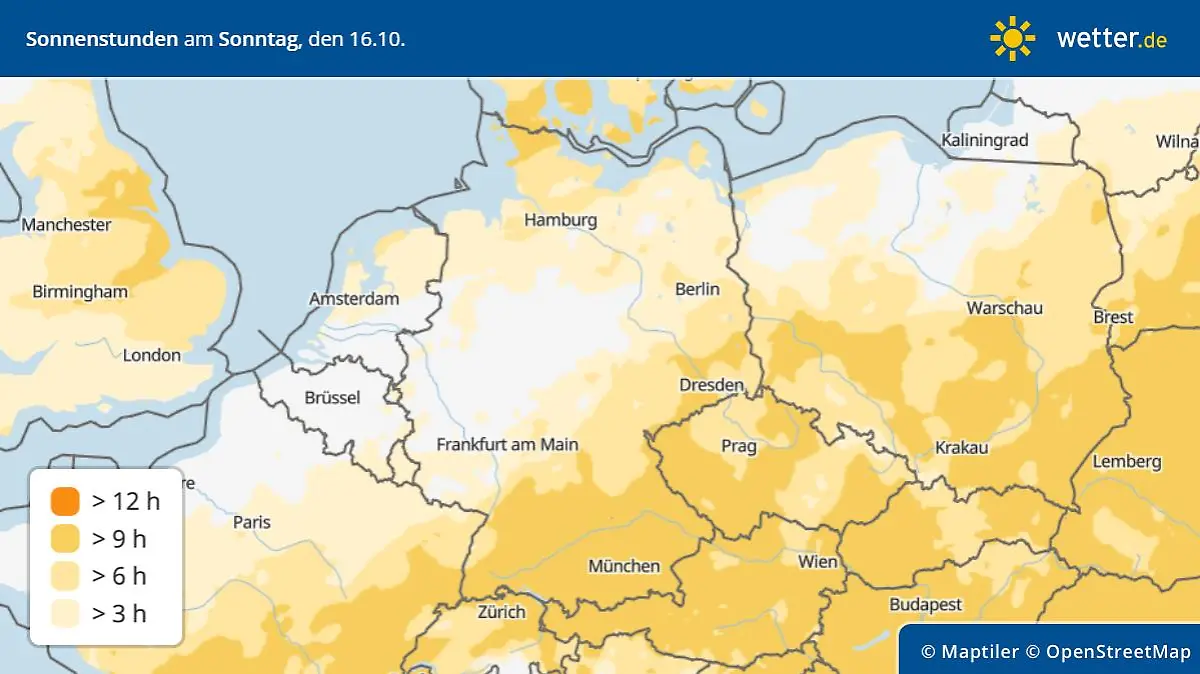 Die Grafik zeigt die Sonnenstunden am Sonntag, 16.10.2022