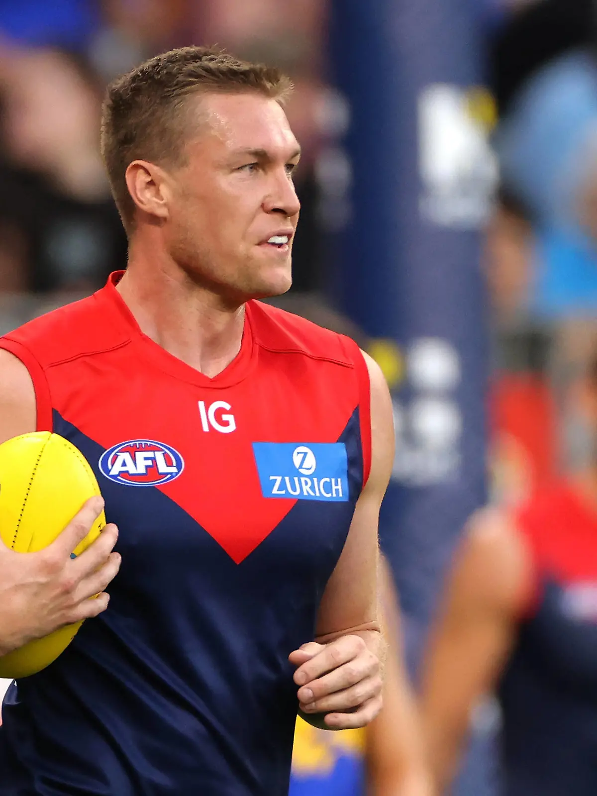 AFL EAGLES DEMONS, Tom McDonald of the Demons is seen during the AFL Round 4 match between the West Coast Eagles and the Melbourne Demons at Optus Stadium in Perth, Sunday, April 9, 2023.  ACHTUNG: NUR REDAKTIONELLE NUTZUNG, KEINE ARCHIVIERUNG UND KEINE BUCHNUTZUNG PERTH WESTERN AUSTRALIA AUSTRALIA PUBLICATIONxINxGERxSUIxAUTxONLY Copyright: xRICHARDxWAINWRIGHTx 20230409001784719974
