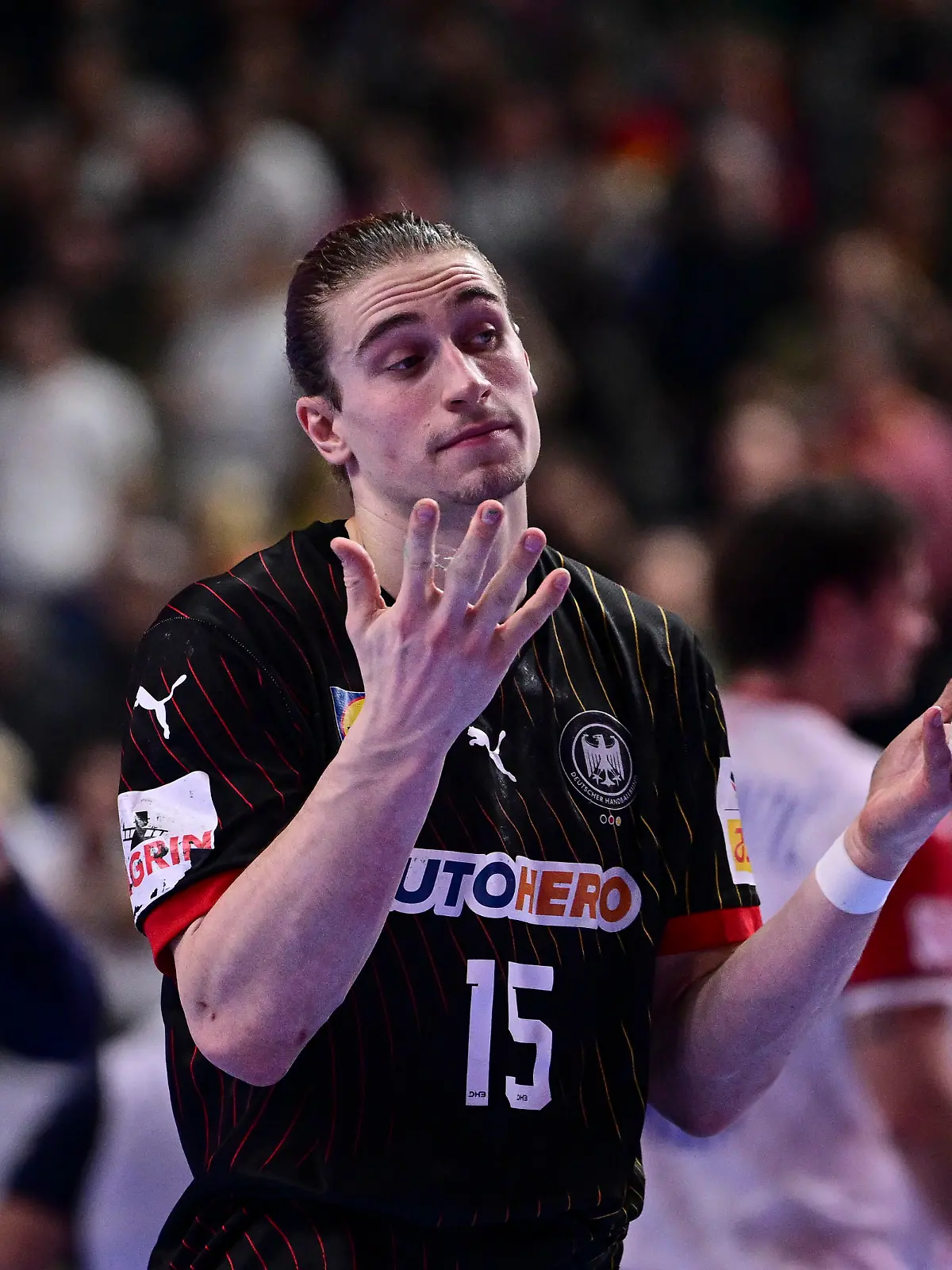 Juri Knorr (Germany) enttaeuscht, Deutschland vs. Kroatien, Hauptrunde, Europameisterschaft, Laenderspiel, Handball, 24.01.2024