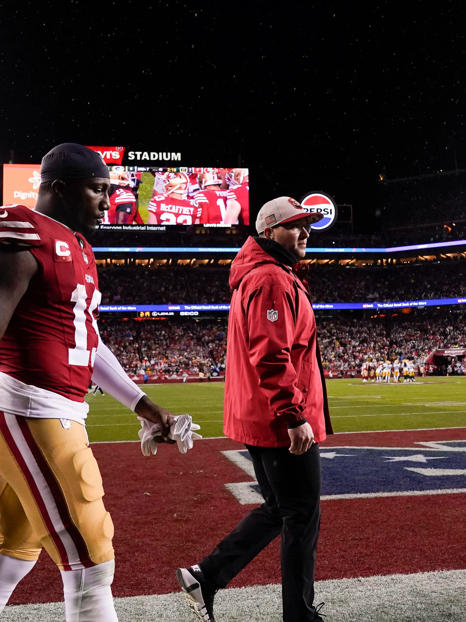 San Francisco 49ers wide receiver Deebo Samuel (19) walks off the field after an injury during the first half of an NFL football NFC divisional playoff game against the Green Bay Packers Saturday, Jan. 20, 2024, in Santa Clara, Calif. (AP Photo/Godofredo A. Vásquez)